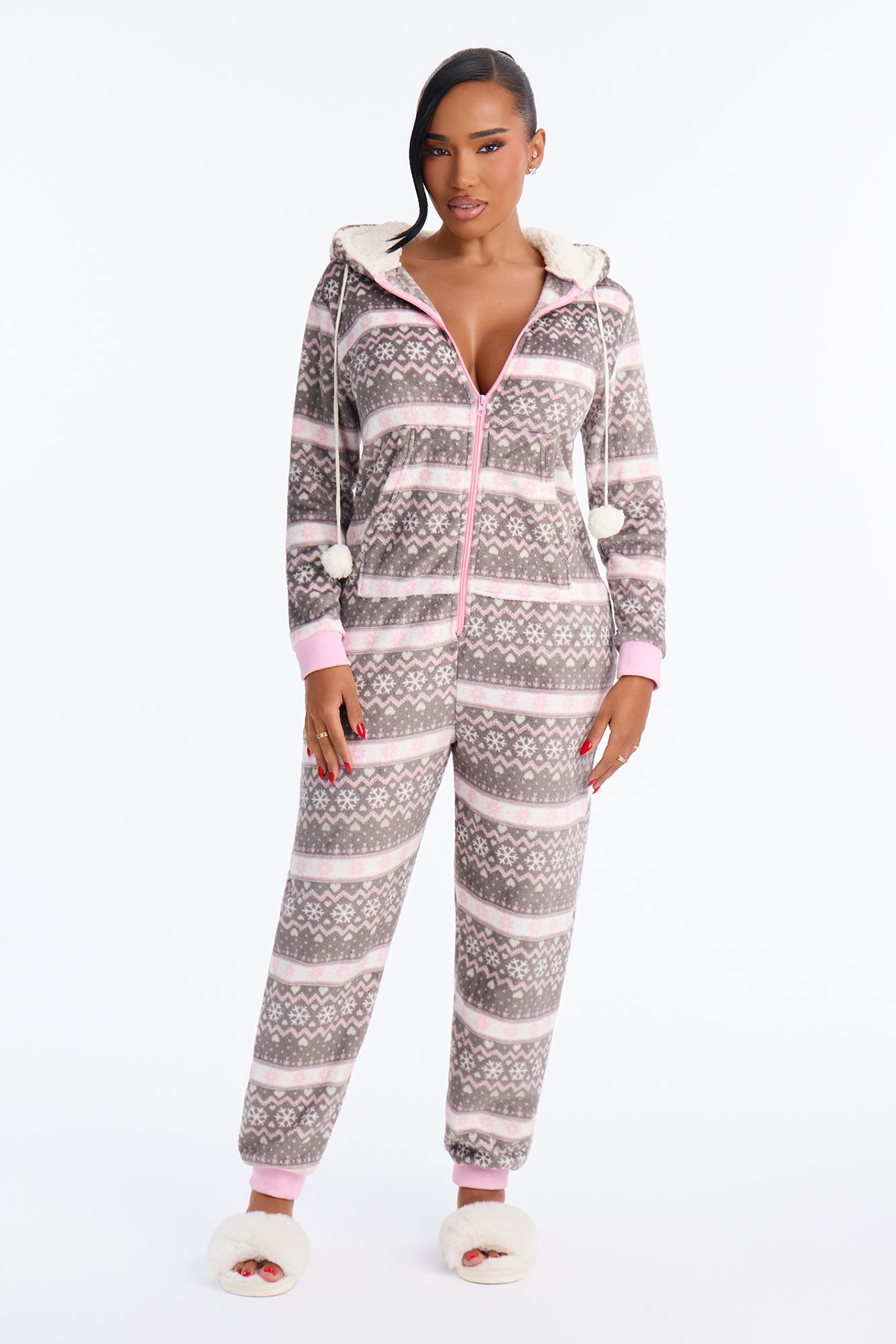 Snow Day Hooded Plush PJ Onesie - Grey/combo