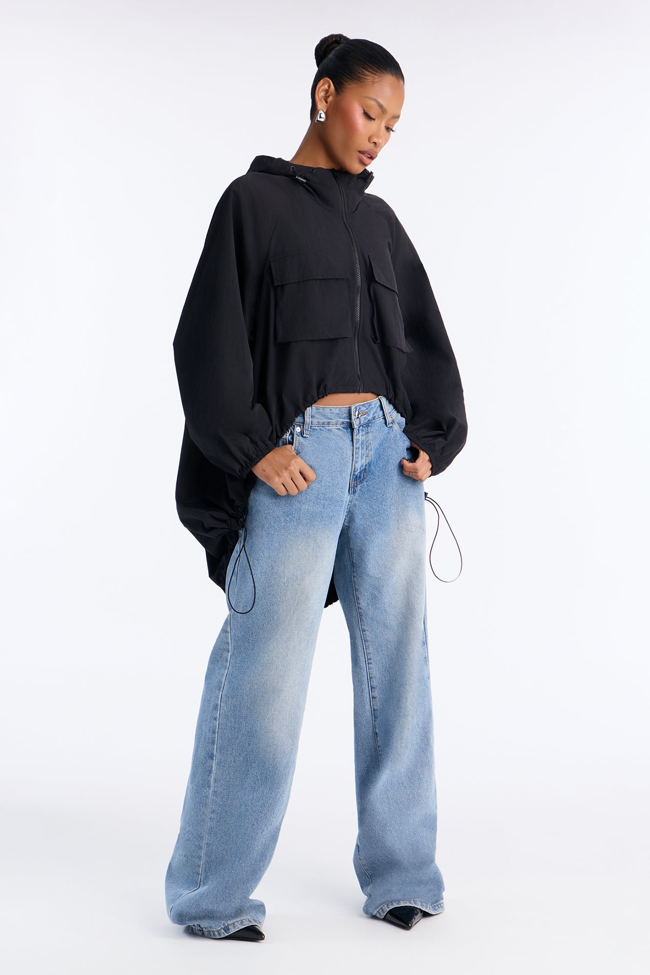 Tyla Hooded Hi Low Anorak jacket - Black