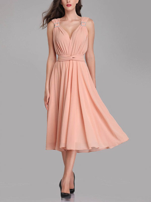 Stylish Sleeveless A-Line V-Neck Chiffon Tea-Length Bridesmaid Dresses