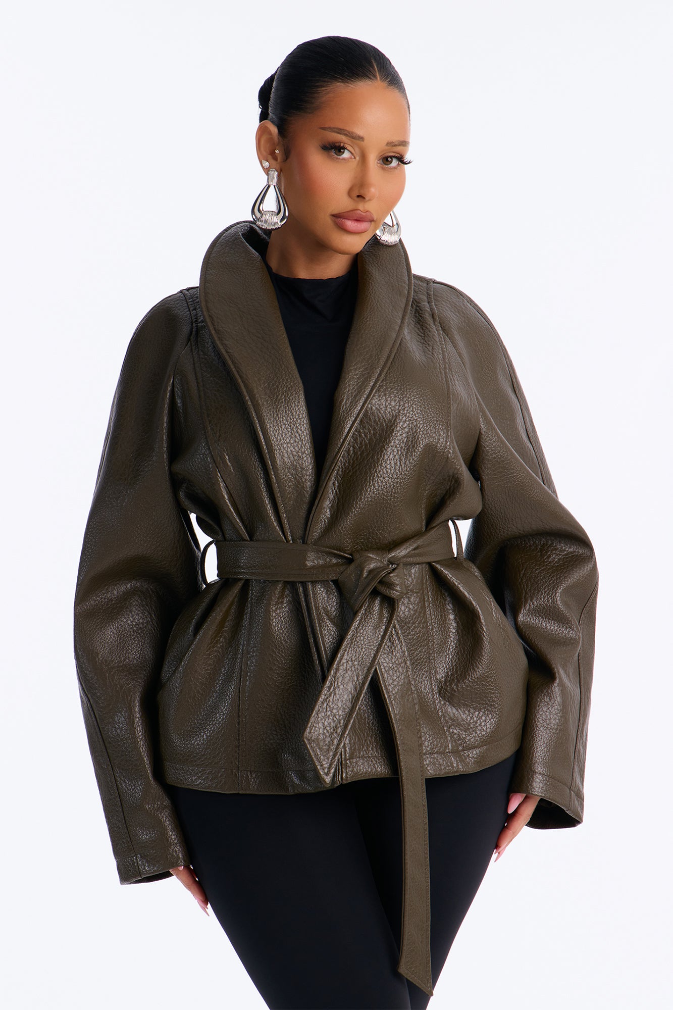 Back In Business Faux Leather Belted Open Shacket - Olive