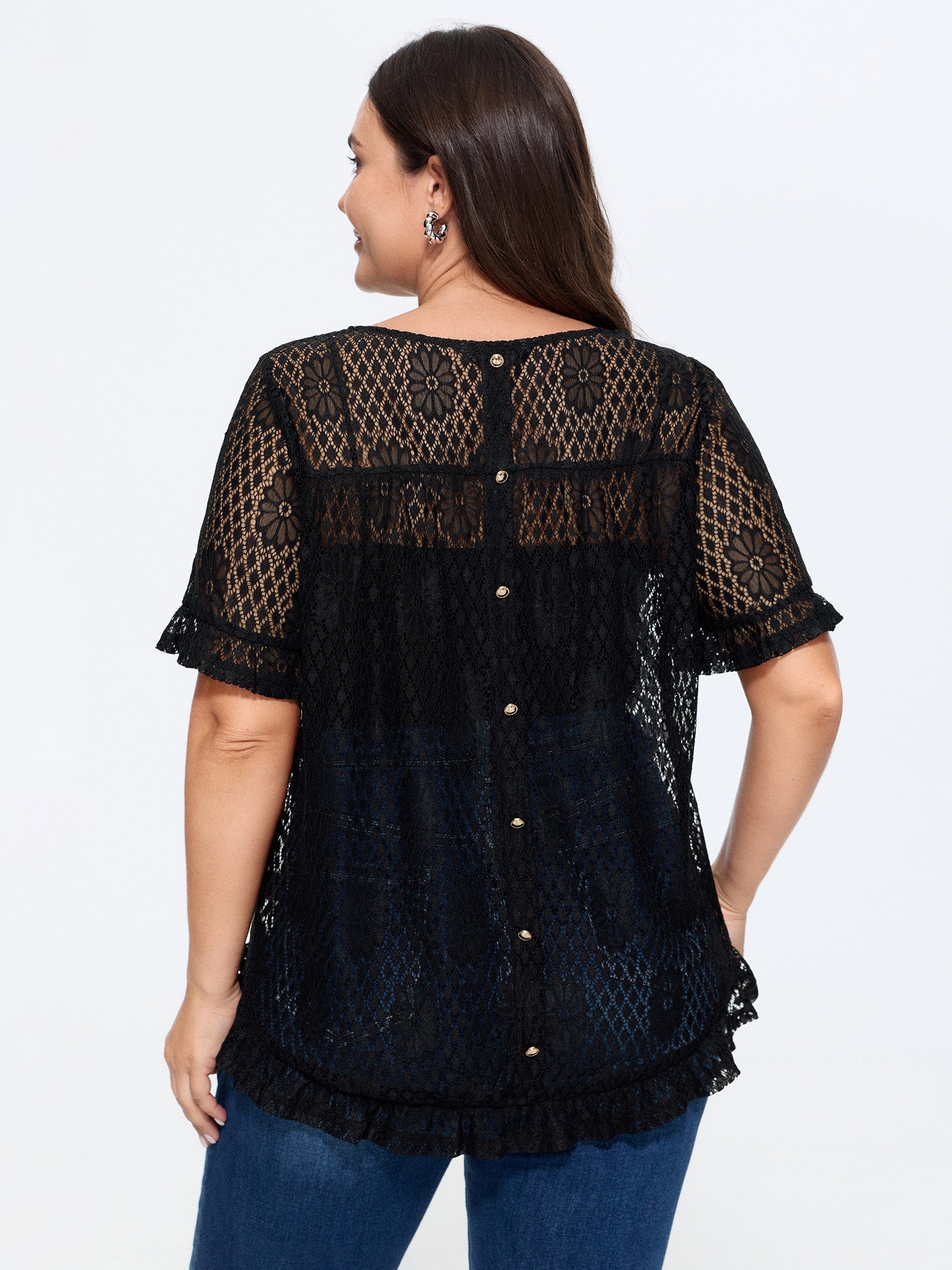 Solid Lace Hollow Back Button Ruffle Sleeve Top