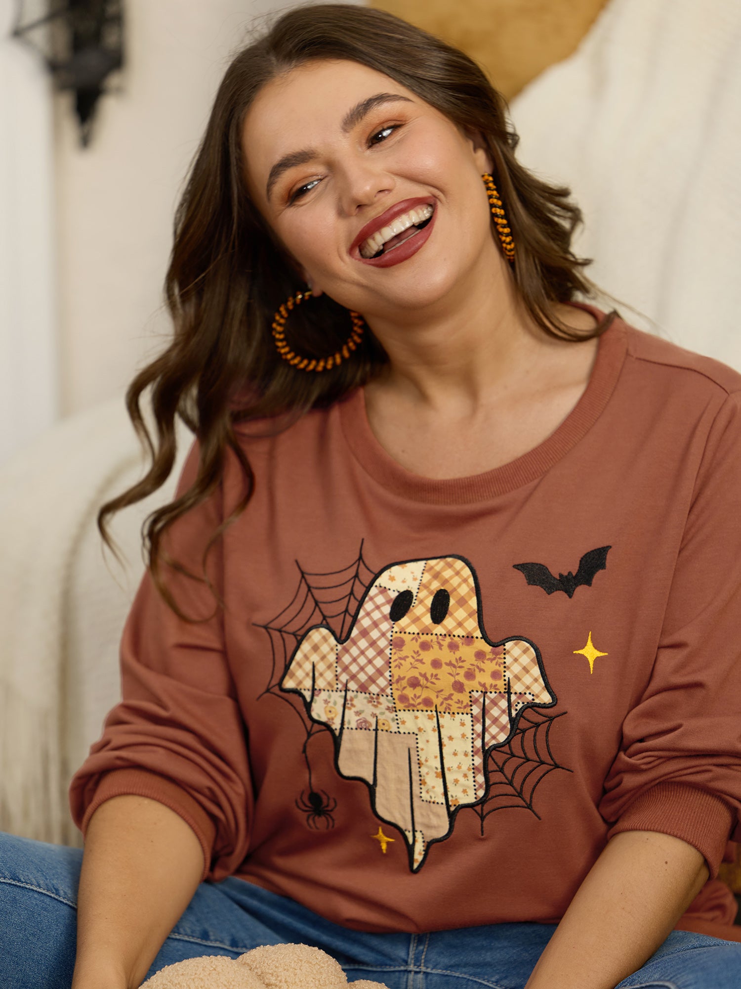 Stretch Ghost Bat Spider Web Embroidered Sweatshirt