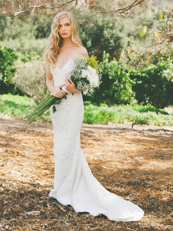 Fabulous V-Neck Spaghetti Straps Lace Mermaid Wedding Dresses with Sweep Train