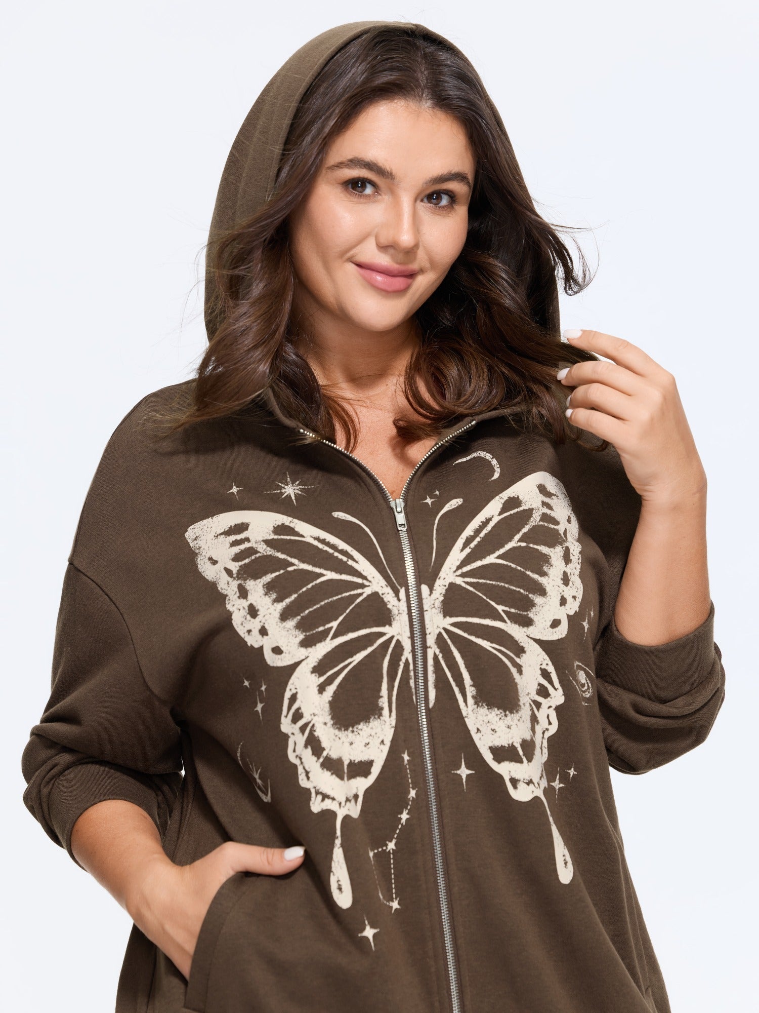 Butterfly Star Moon Print Zipper Hoodie