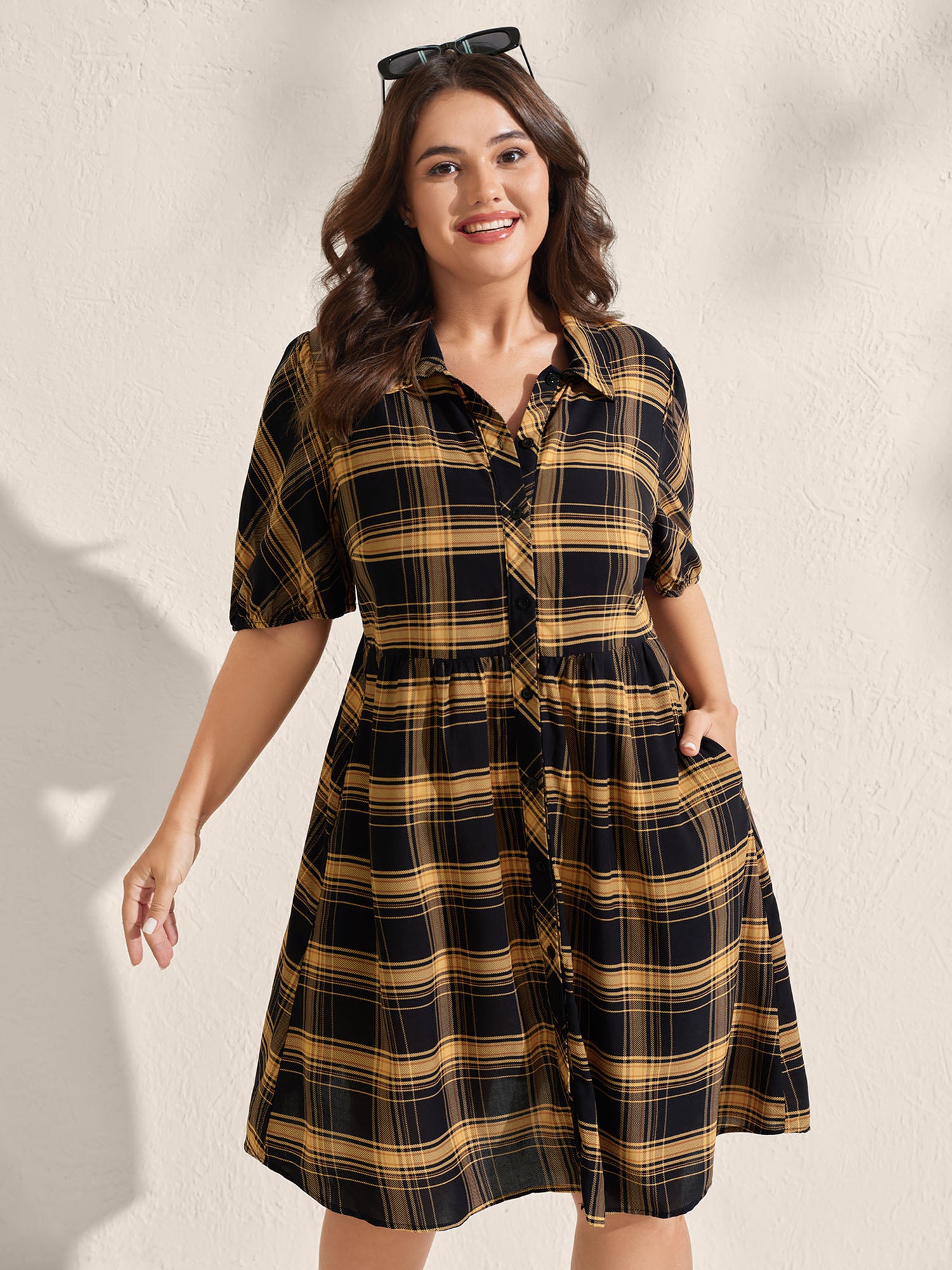 Plaid Print Side Pockets Mini Shirt Dress