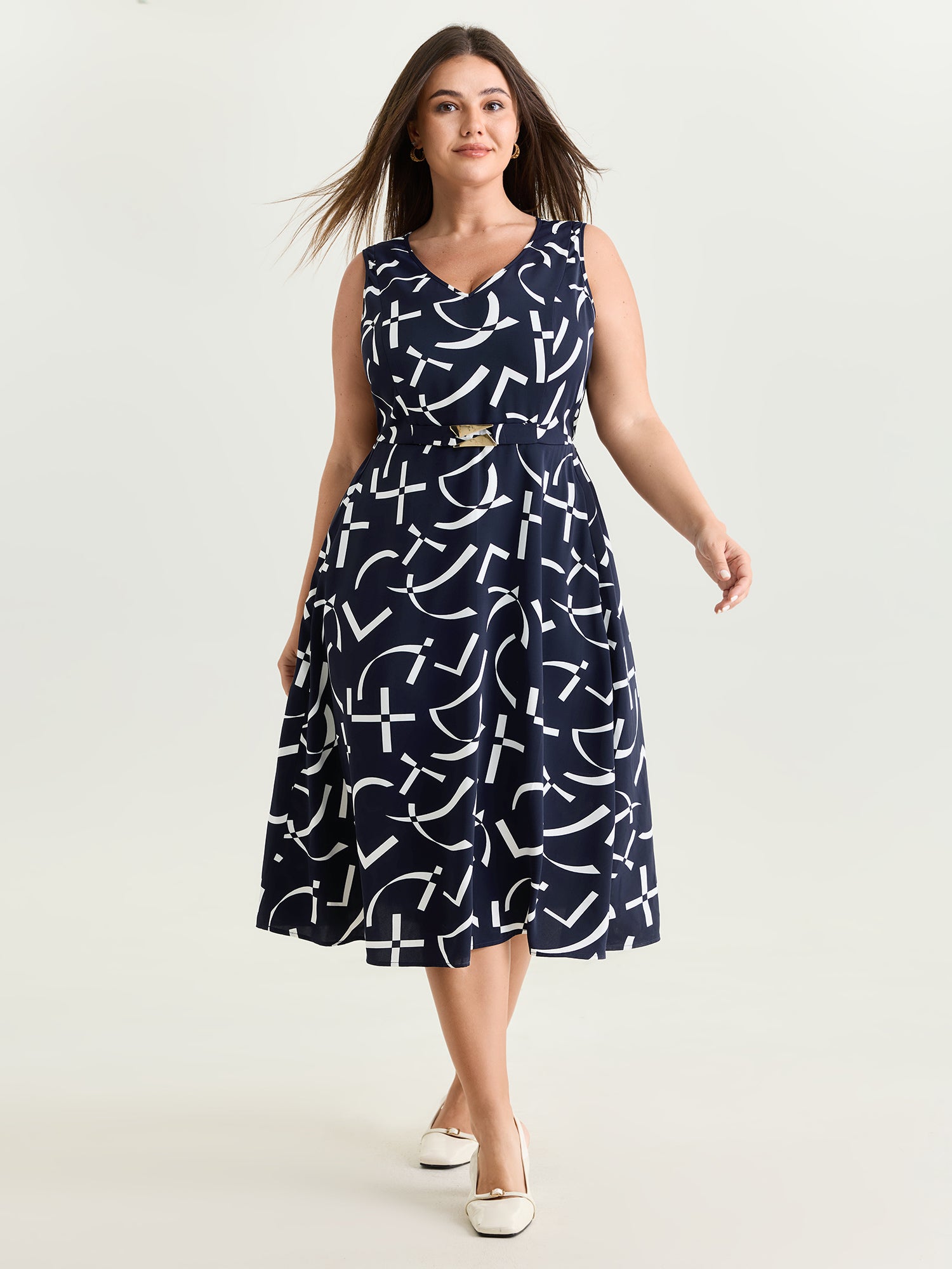 Geometric Print Metallic Detail Midi Dress