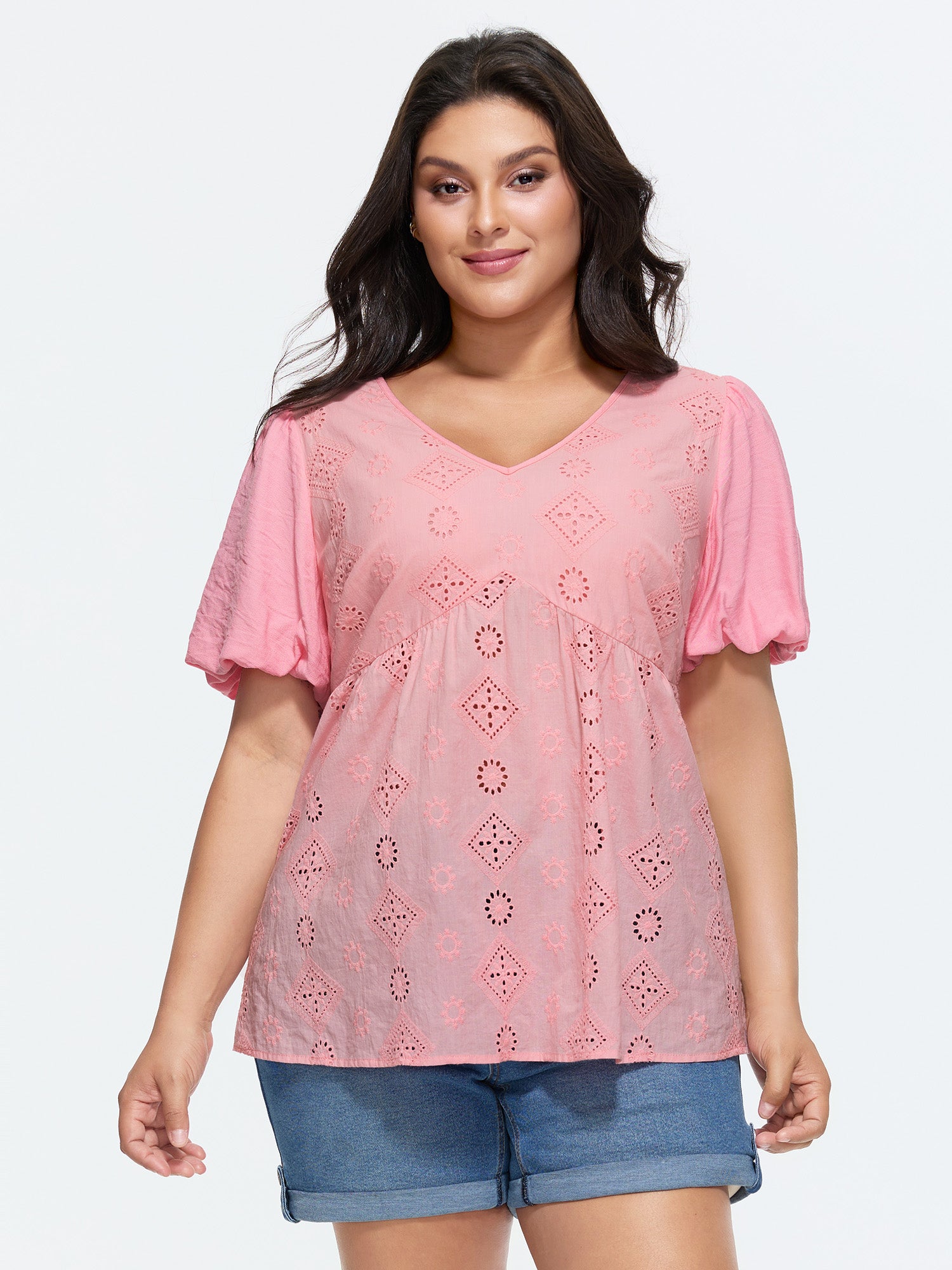 Cotton Eyelet Embroidered V-Neck Bubble Sleeve Blouse