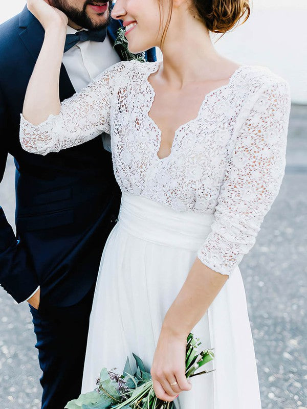 Exquisite A-Line V-Neck 3/4 Long Sleeves Lace Chiffon Floor-Length Wedding Dresses with Ruffles