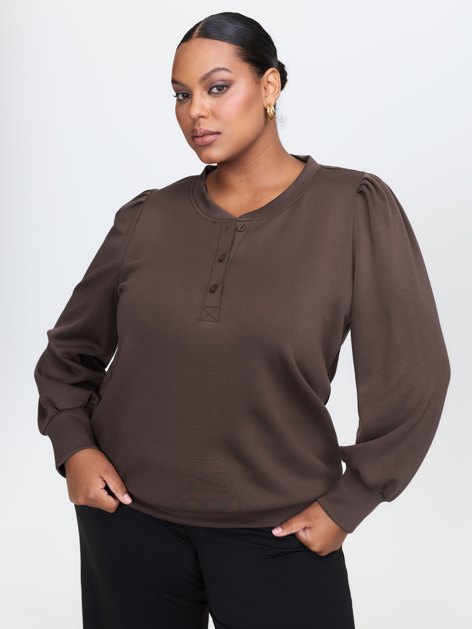 Supersoft Half Placket Puffy Sleeve Sweatshirt