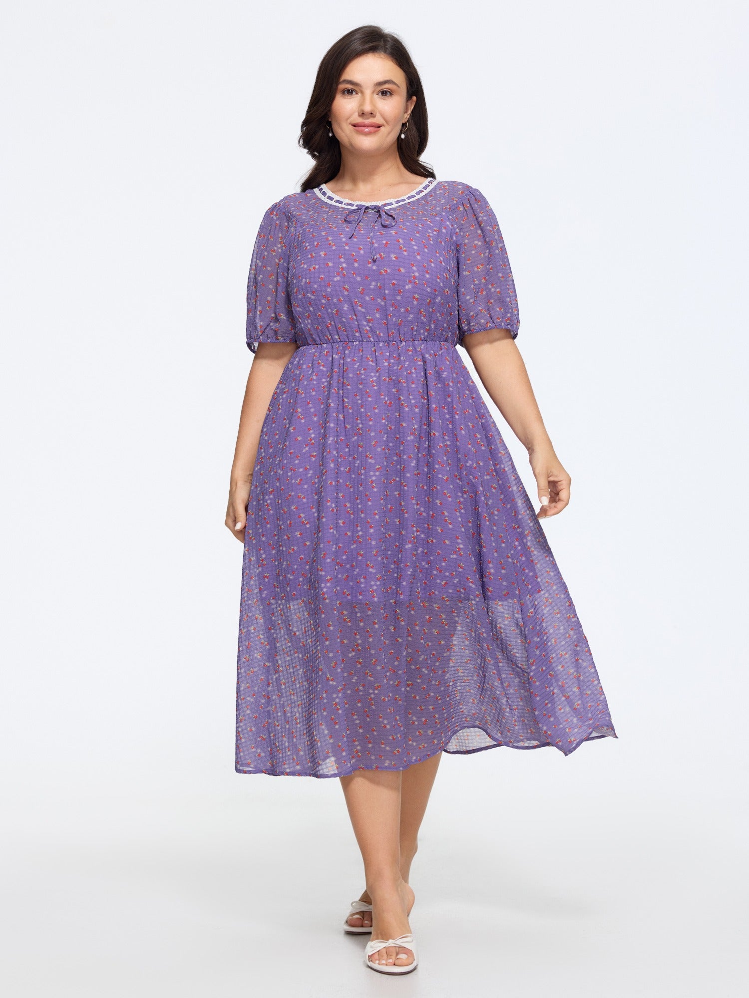 Ditsy Floral Print Lace Trim Tie Neck Flowy Midi Dress