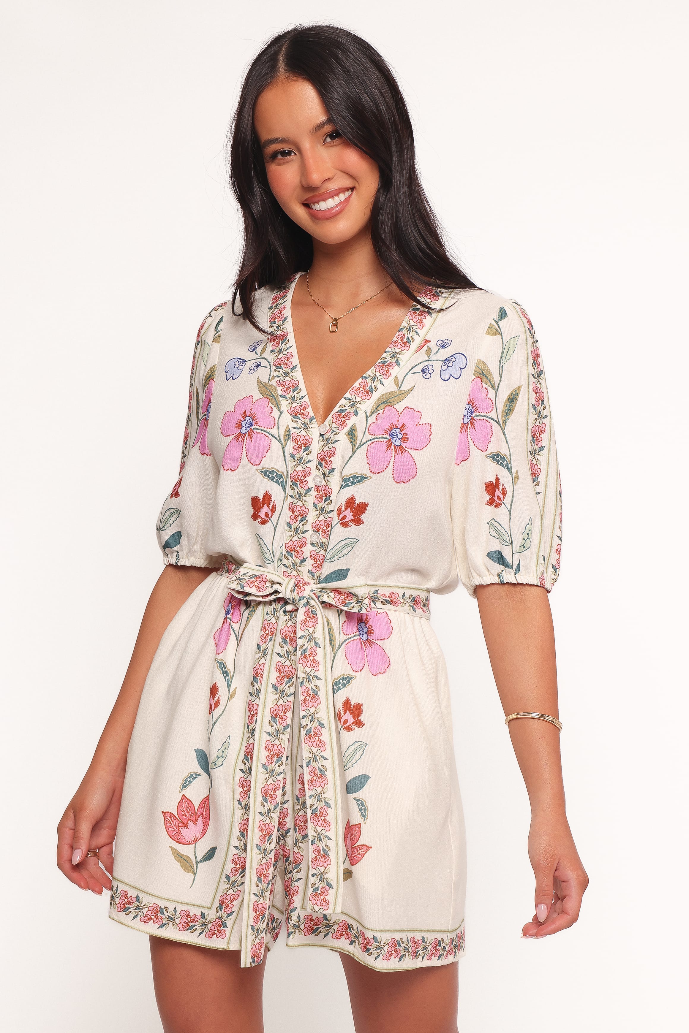 Ginger Tie Waist Romper - Pink Multi