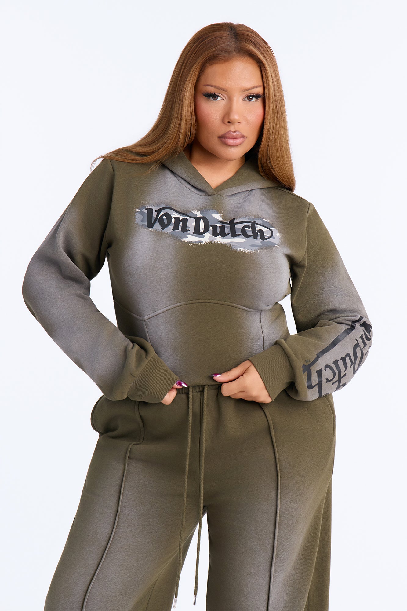 Von Dutch Olive Night Washed Cropped Hoodie - Olive