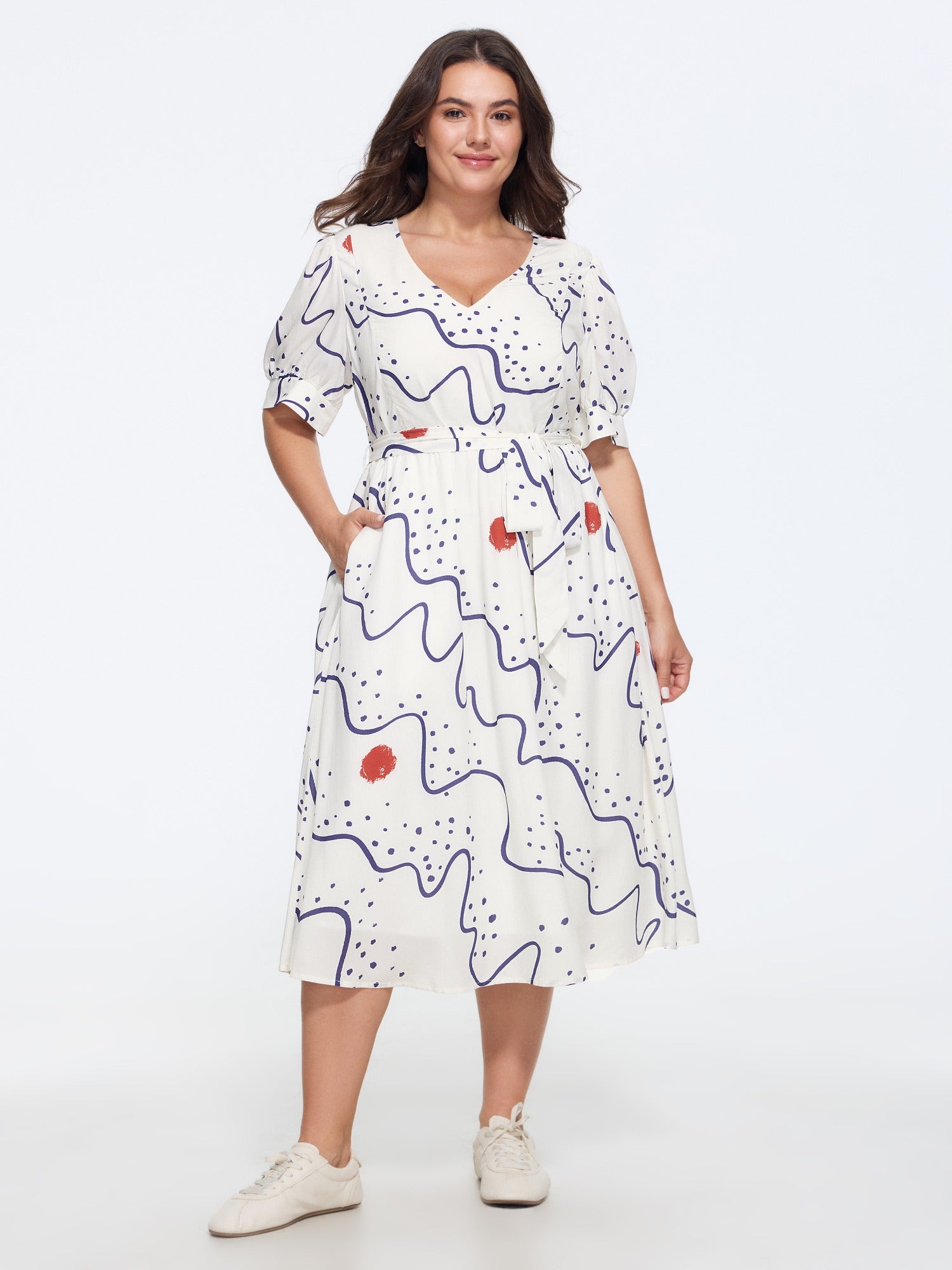 Abstract Print V Neck Belted Midi Dress