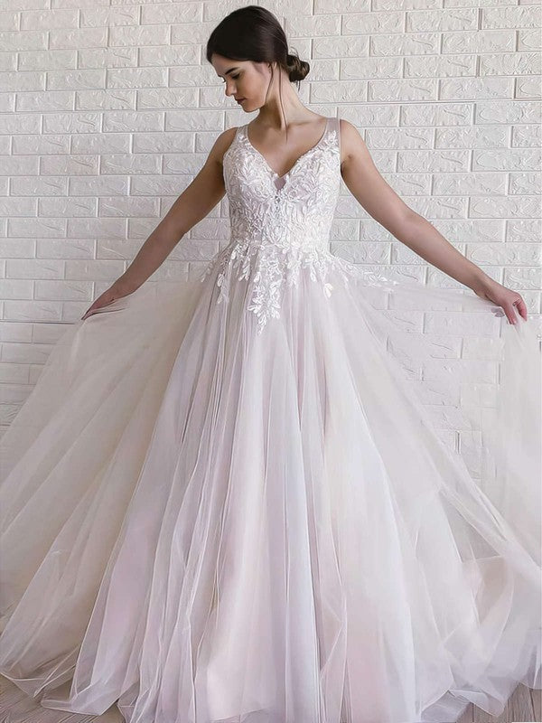 Beautiful Sweep Train V-Neck Backless Tulle Ball Gown Wedding Dresses with Appliques