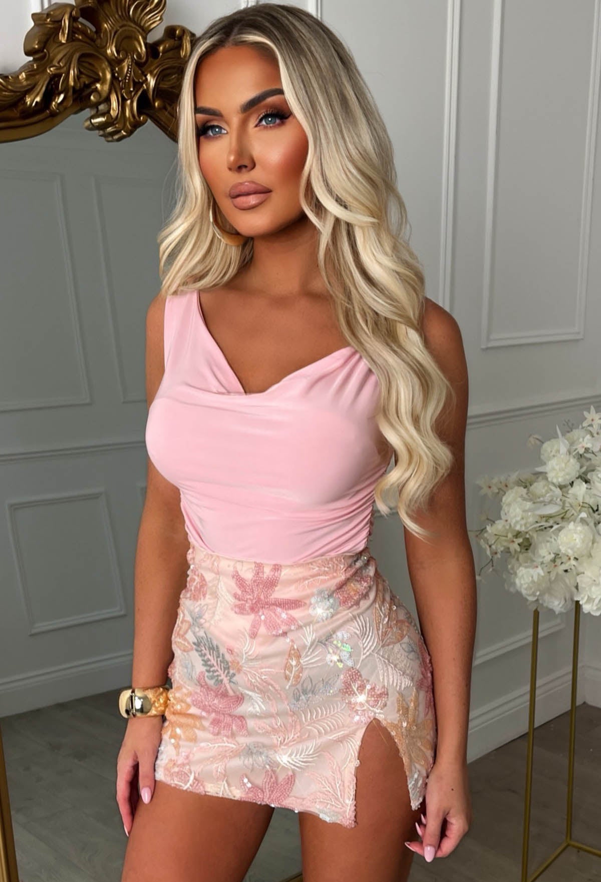 Lovers Rock Pink Floral Sequin Skirt With Slit