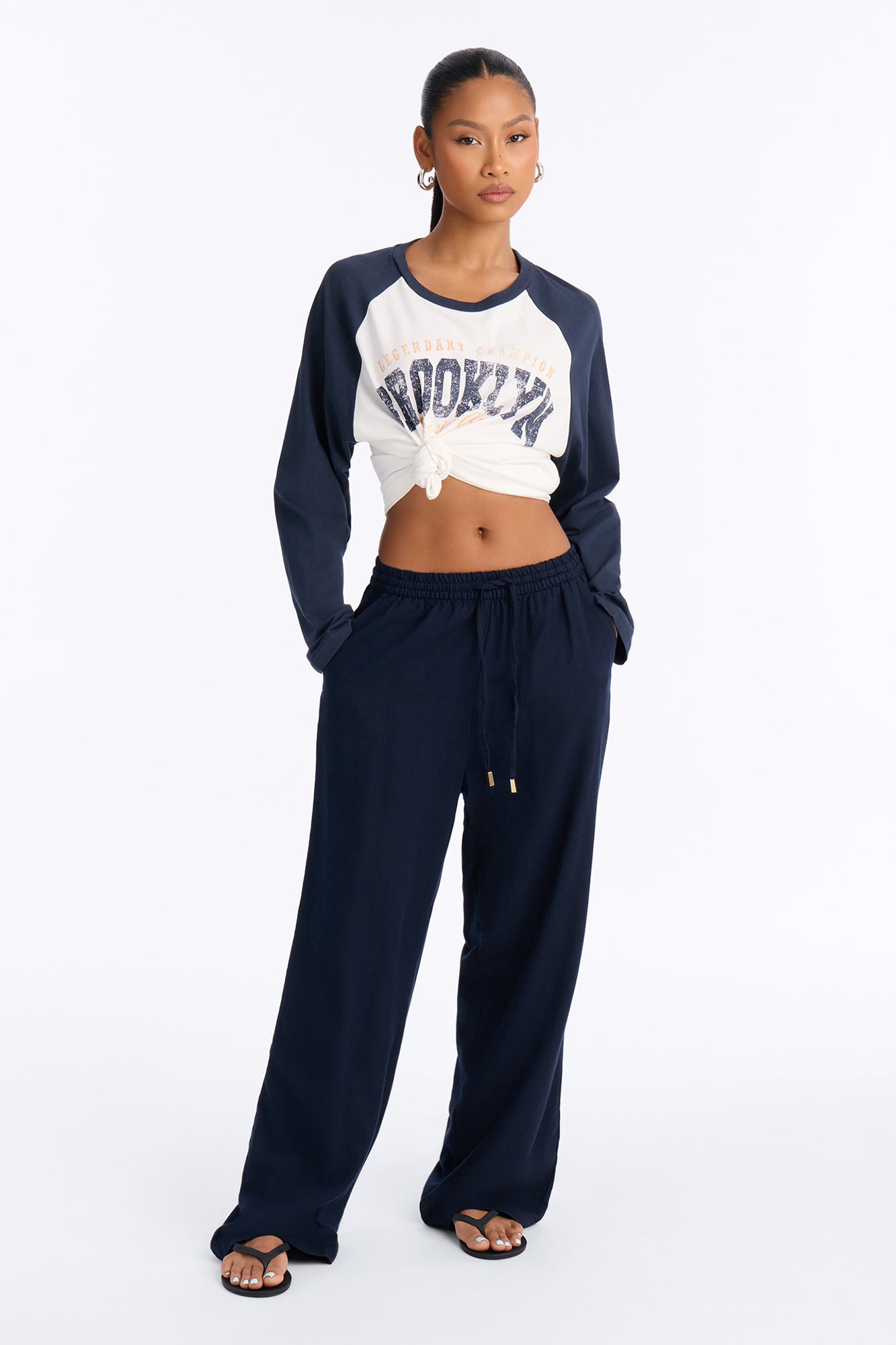 Sasha Drawstring Cotton Blend Pant - Navy