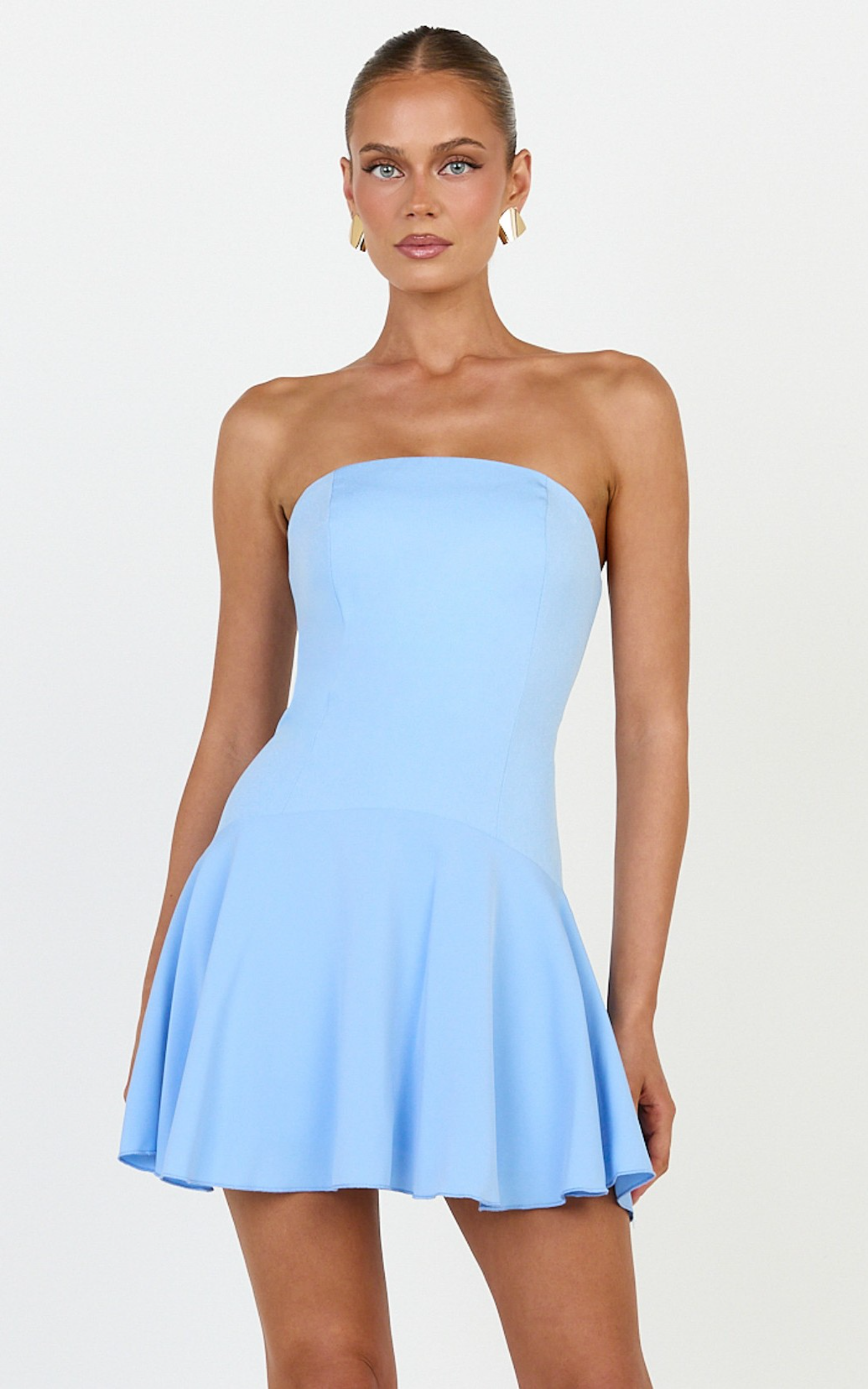 Poppy Mini Dress - Contrast Skirt Strapless Dress in Blue