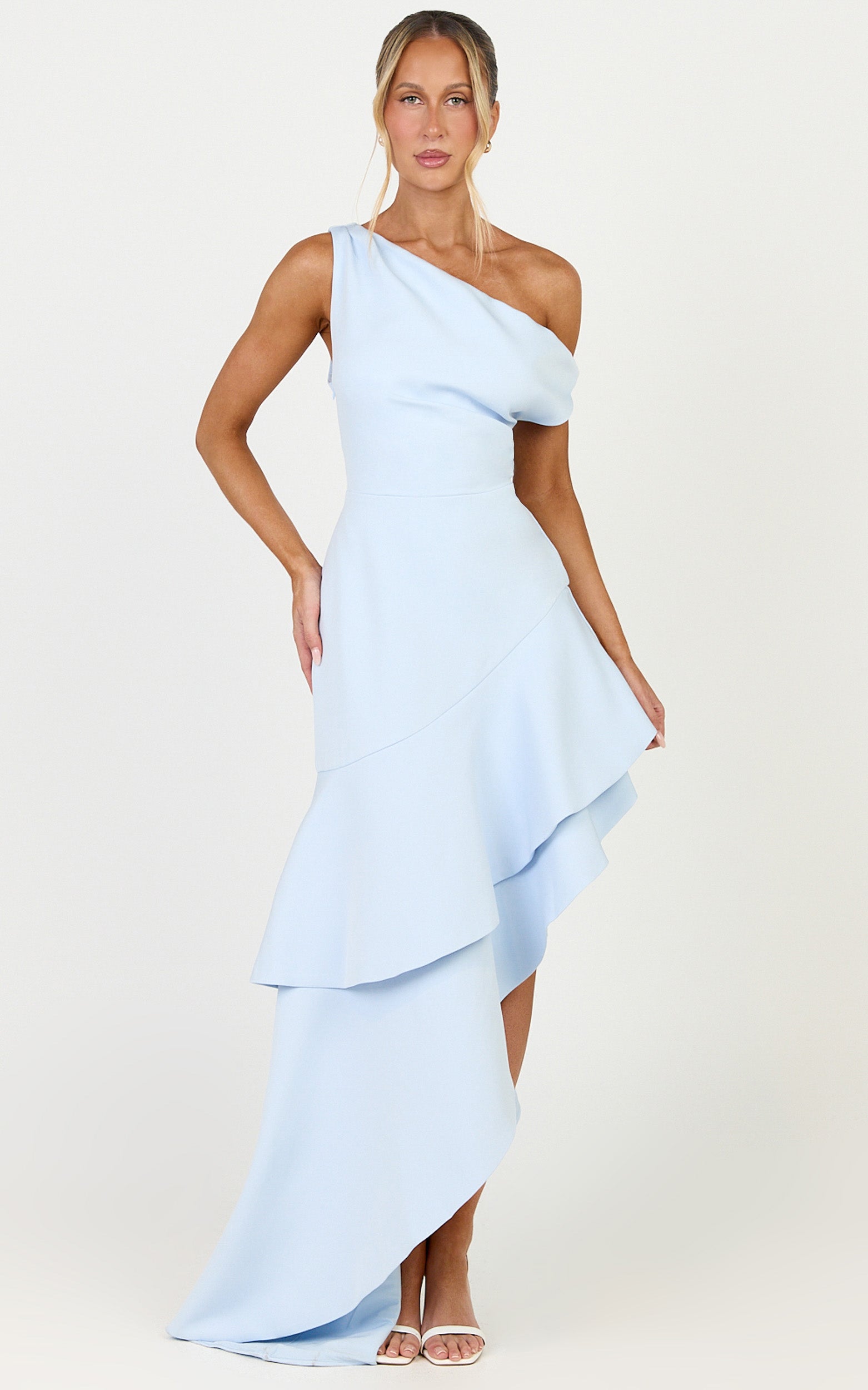 Alani Maxi Dress - Off Shoulder Asymmetric Flounce Dress in Light Blue