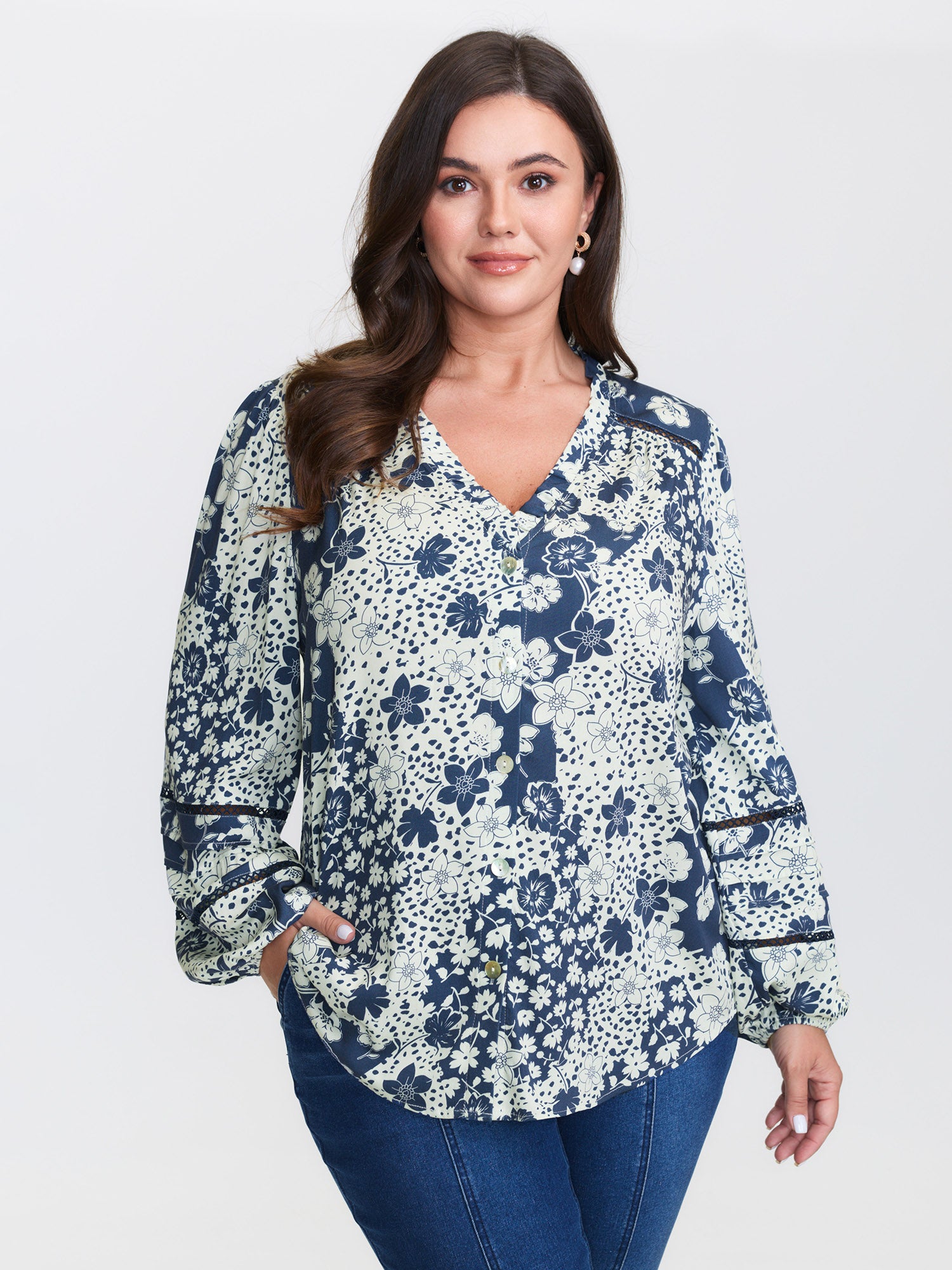 Monochrome Floral Print Ruffled Button-Down Shirt