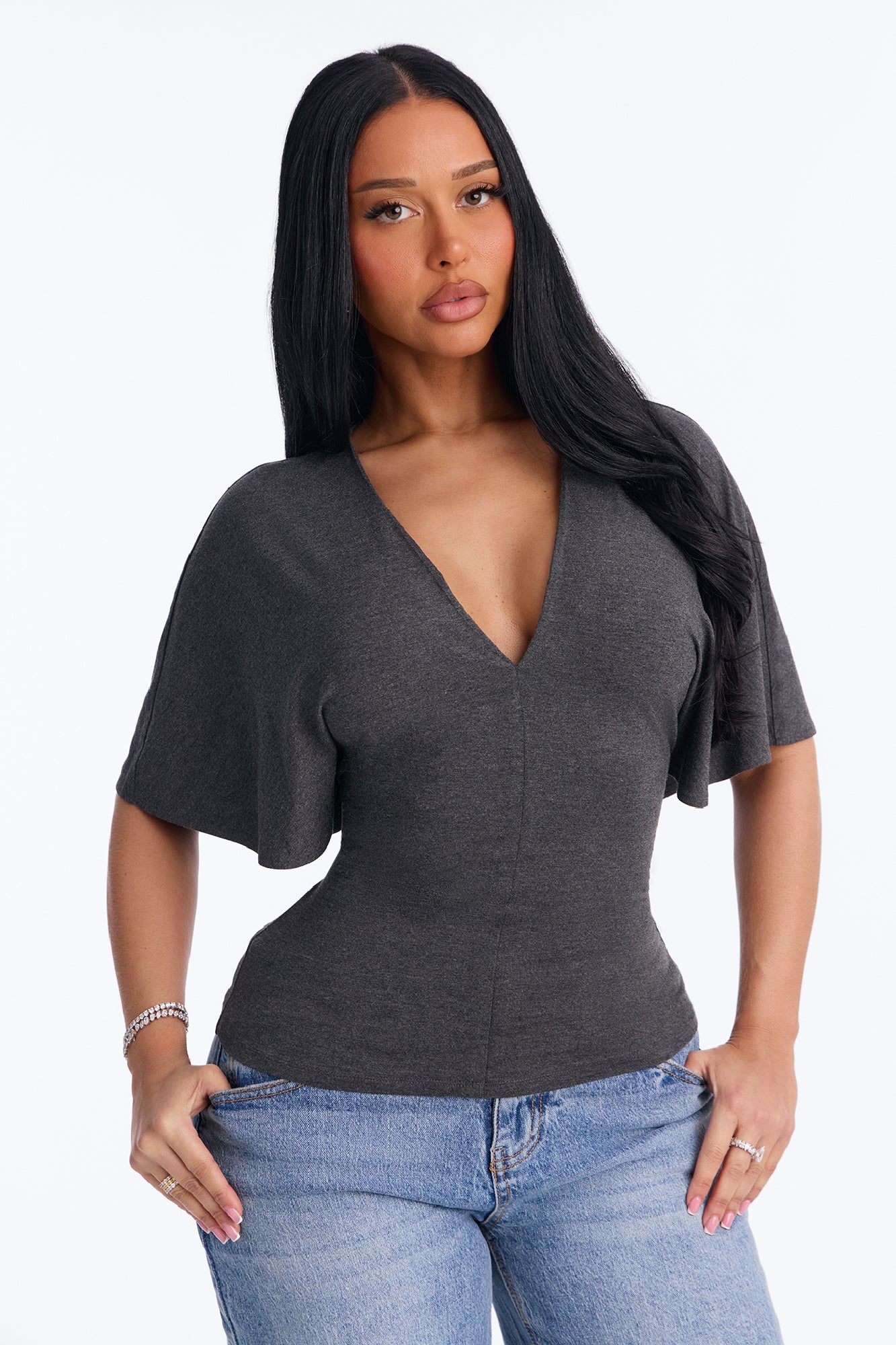 Mel V-Neck Short Sleeve Top - Charcoal