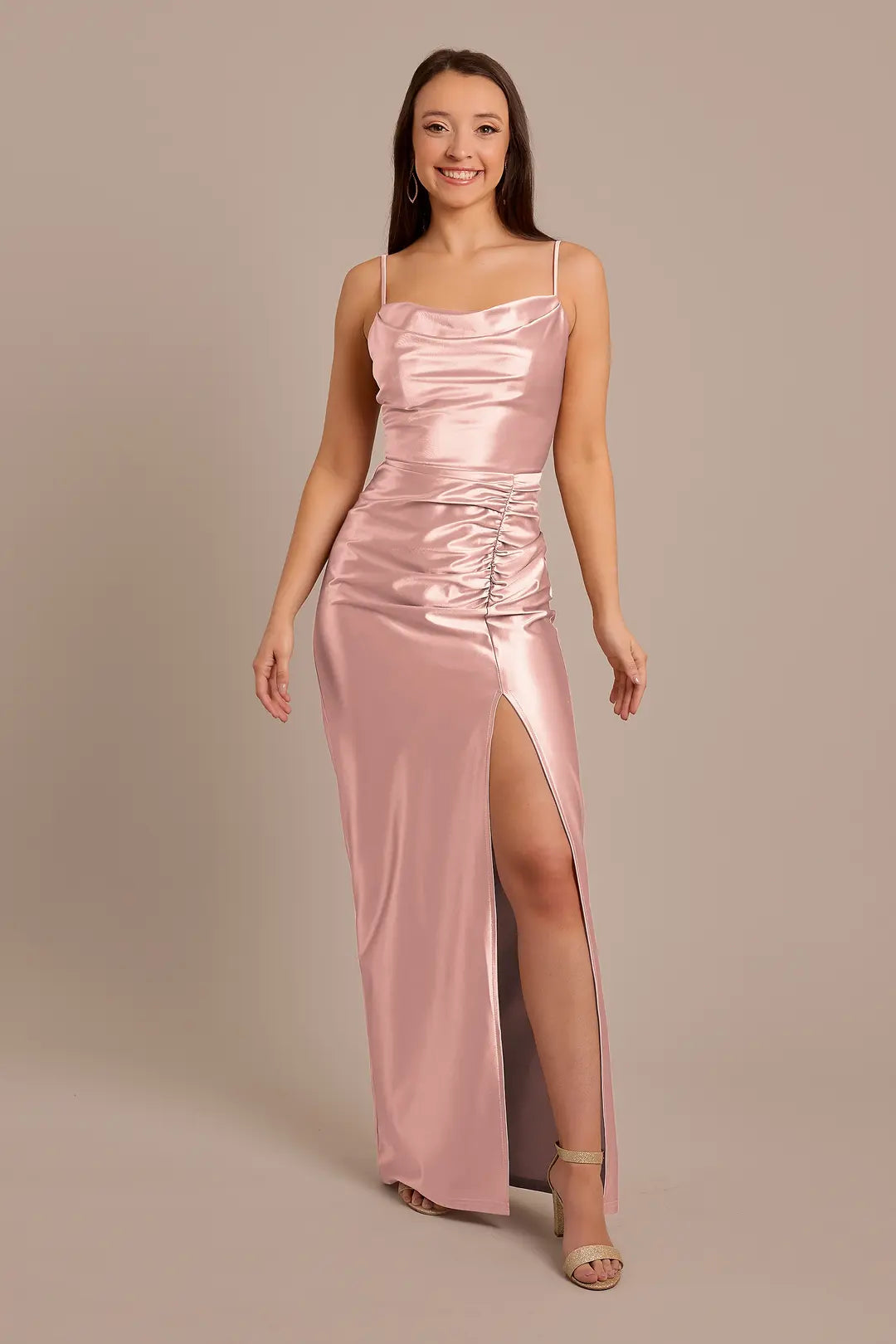 Sculpting Satin Cowl Neck Ruched Dress