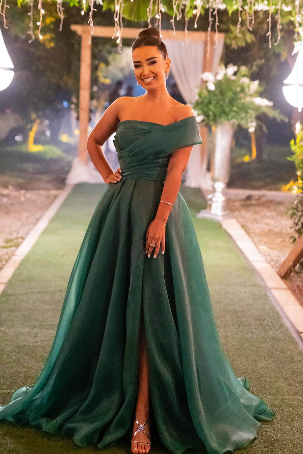 One Shoulder Dark Green Mermaid Front Split Evening Dress With Bowknot Strapless