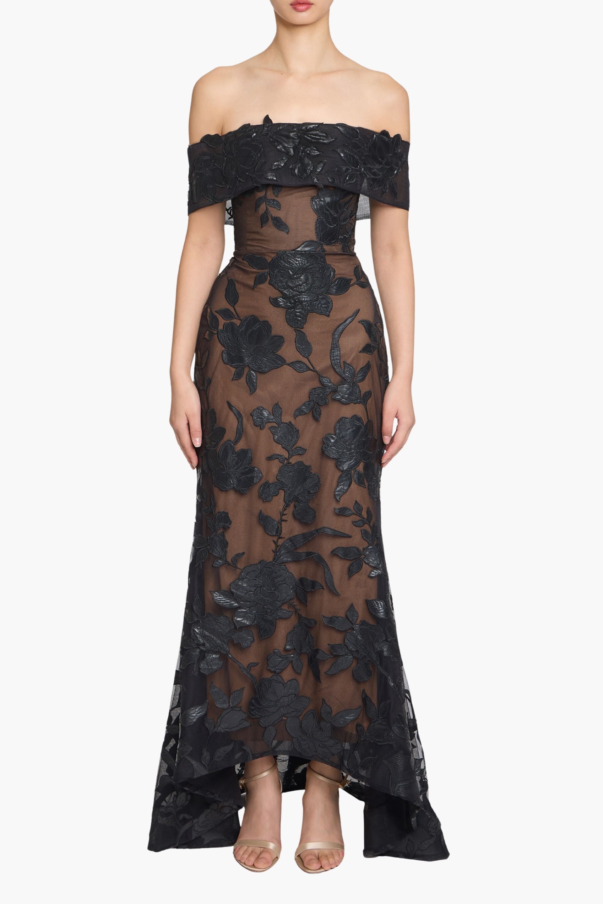 Leather Guipure Fitted Off Shoulder Hi-Lo Gown