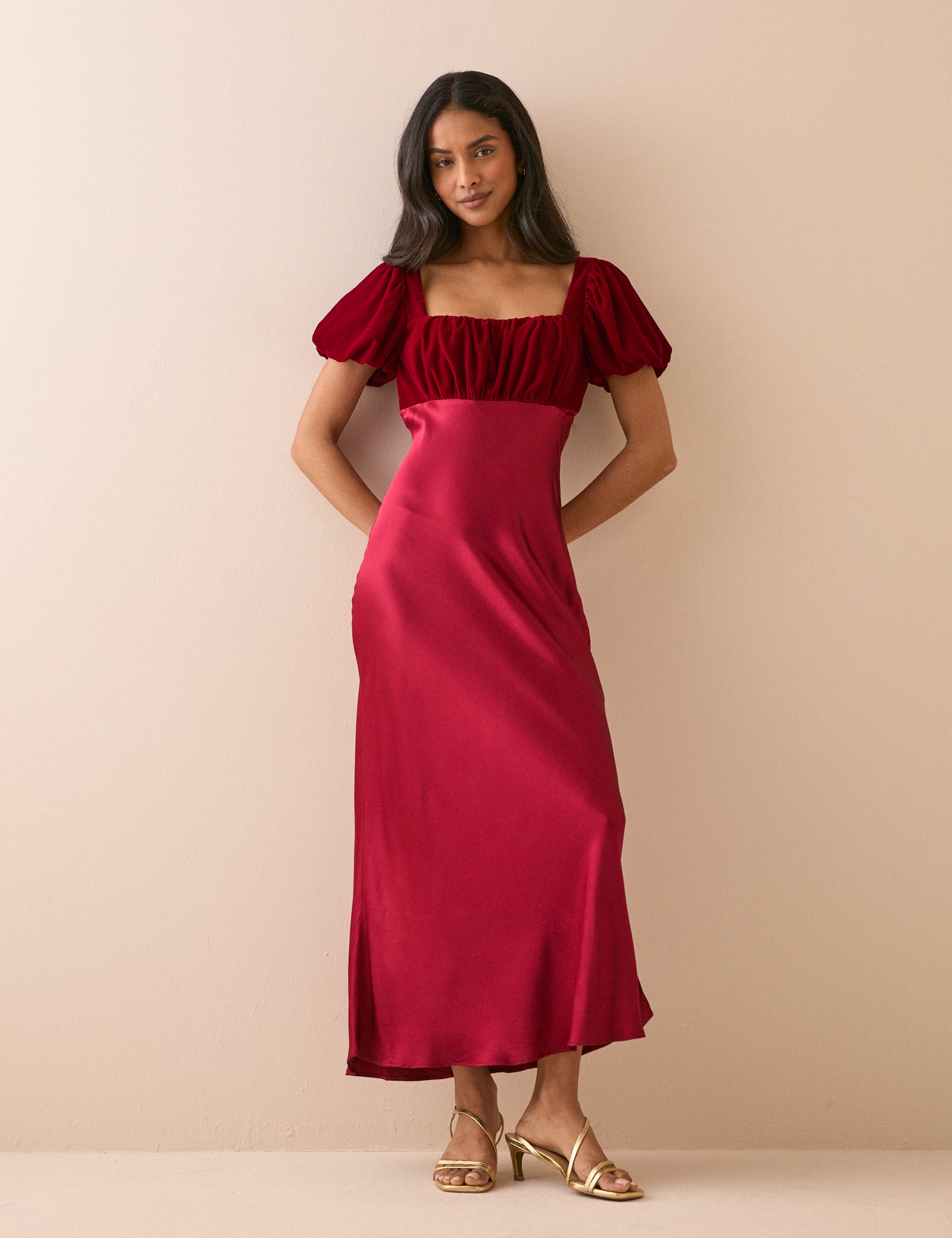Red Satin Puff Sleeve Elizabeth Midi Dress