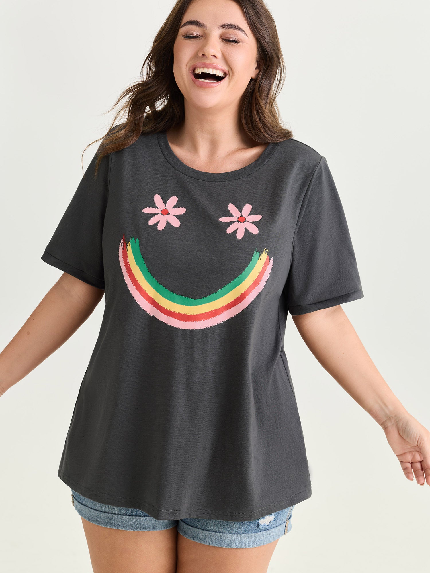 Happy Rainbow Print Round Neck T-Shirt