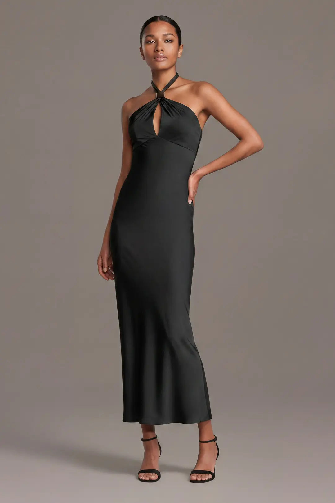 Satin Halter Sheath Dress with Hardware Accent