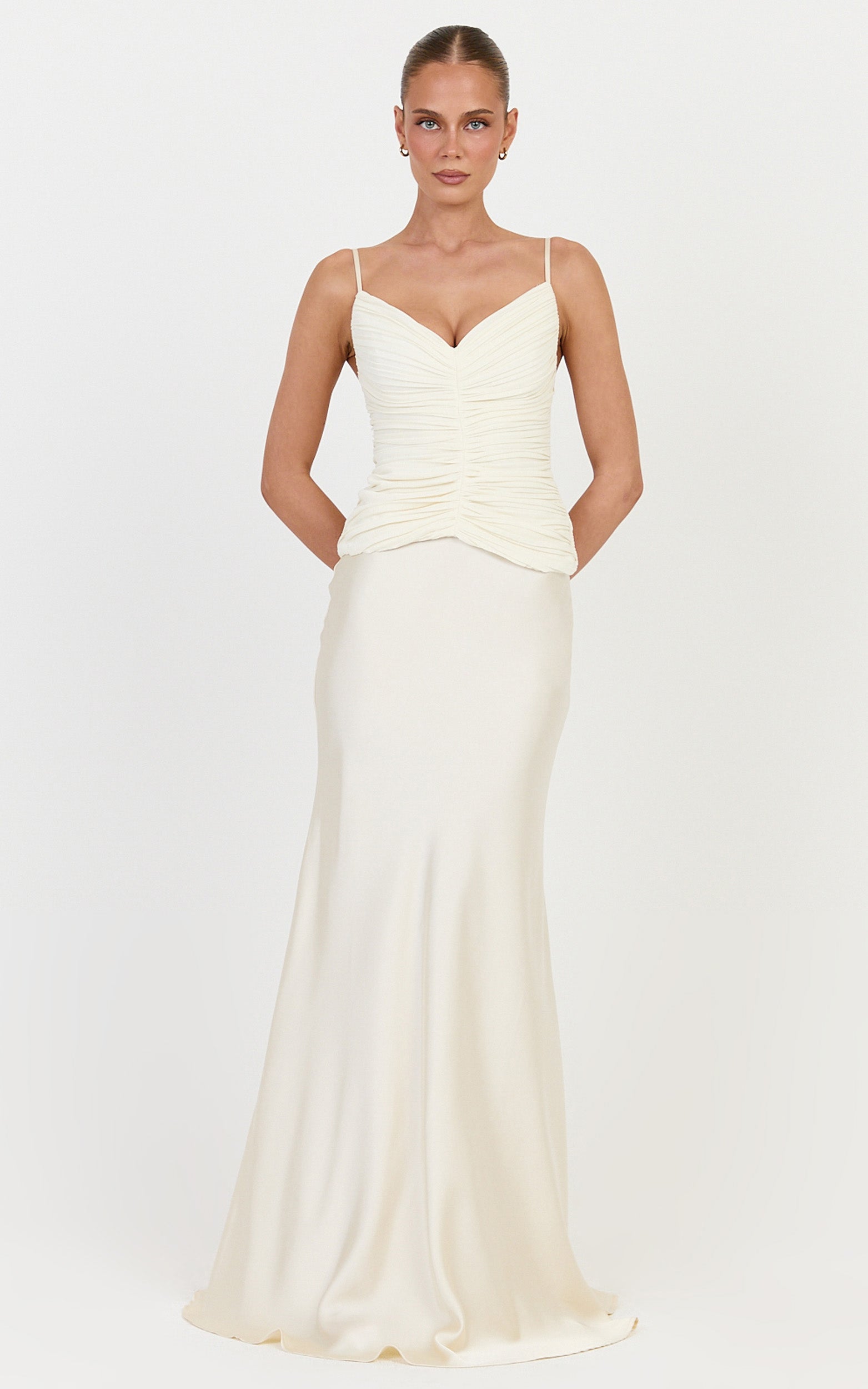 Veda Two Piece Top and Skirt Set - Plunge Ruched Plisse Contrast Satin Skirt Set in Champagne