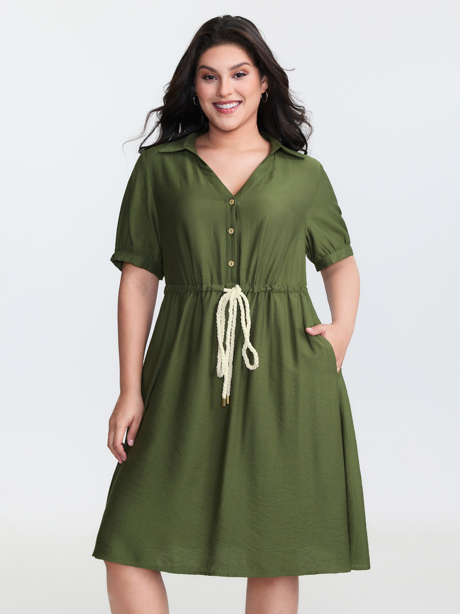 Rayon Slub Waist-Tie Button Mini Dress