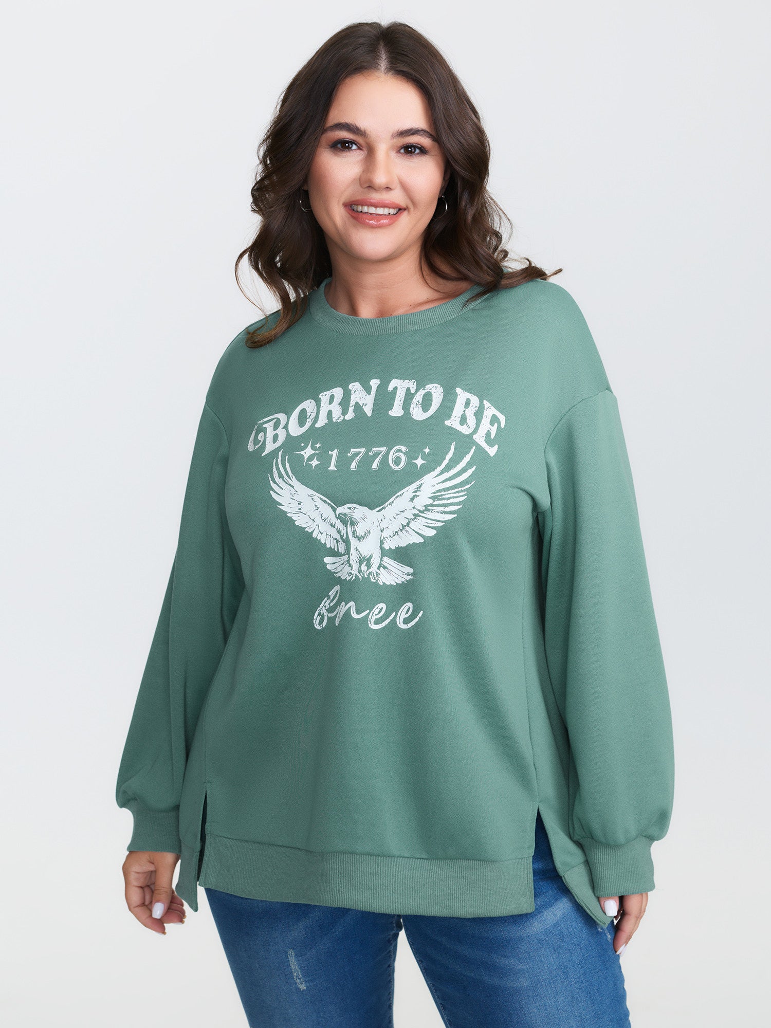 Printed Slogan Slit Sides Ribbed Sweatshirt