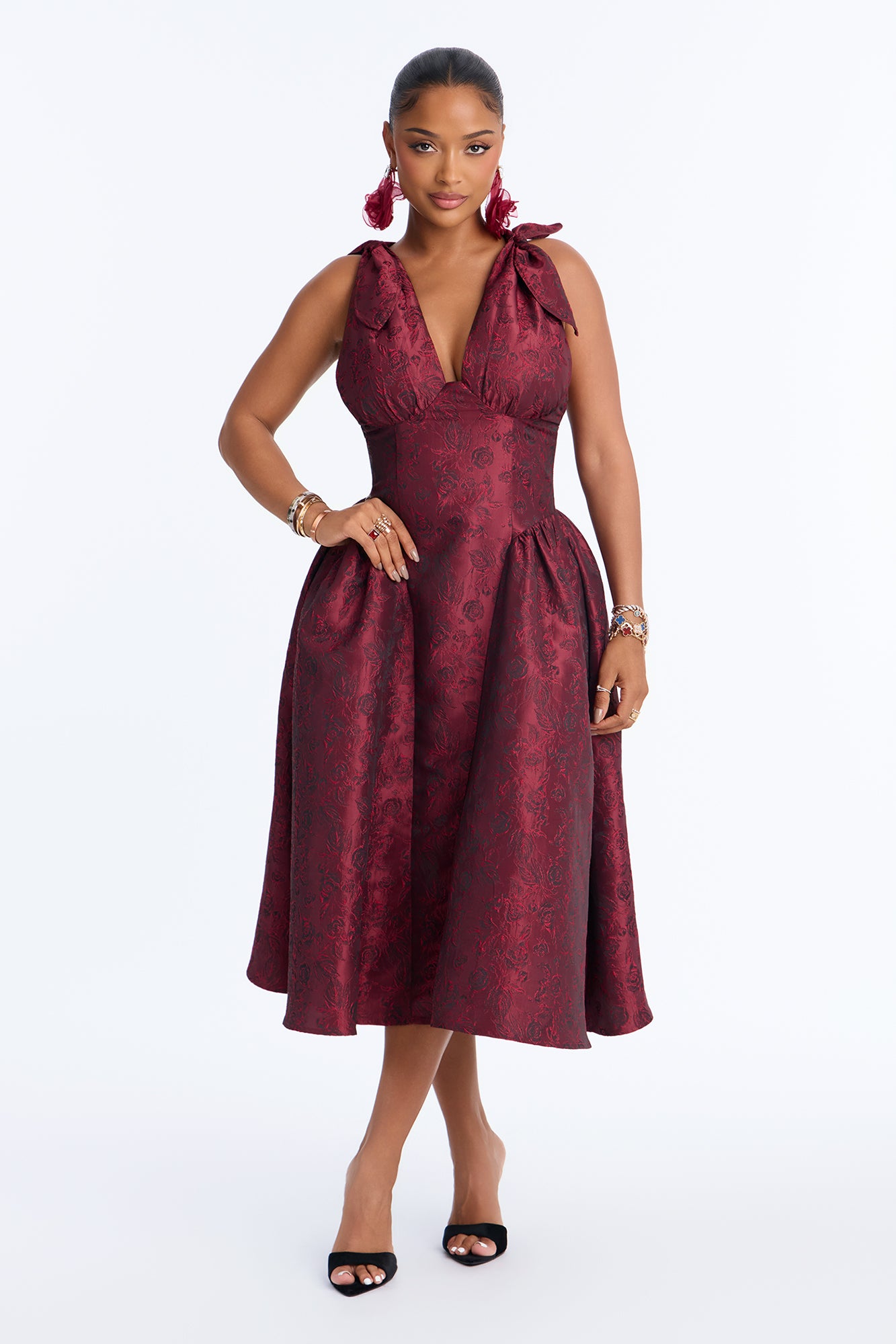 Angel Aura Jacquard A Line Midi Dress - Wine
