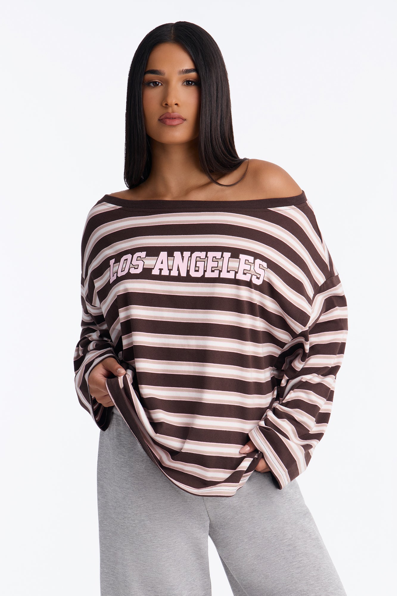 Pacific Coast Drive Striped Off Shoulder Top - Brown