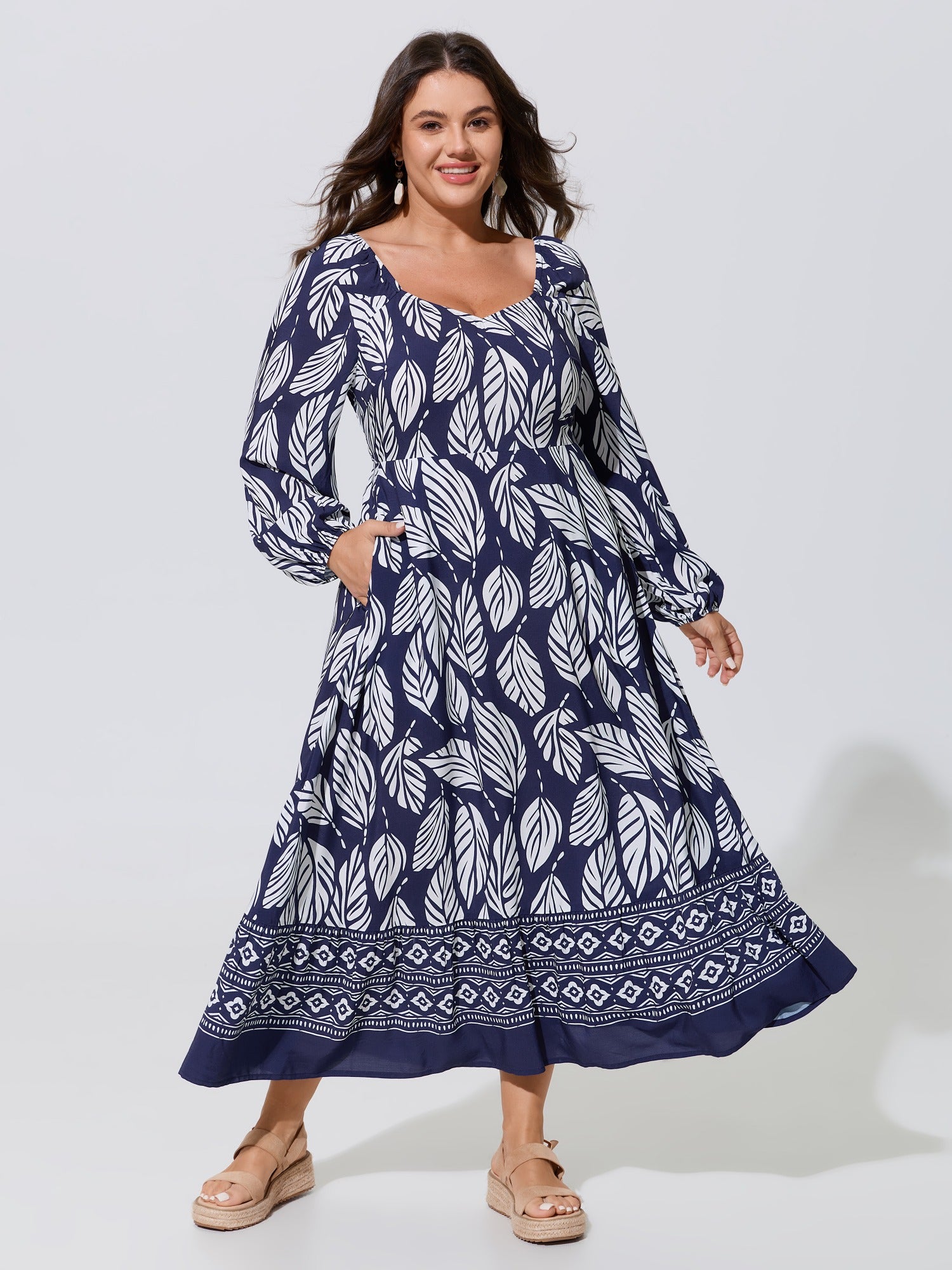Supersoft Leaf Print Square Neck Flowy Midi Dress