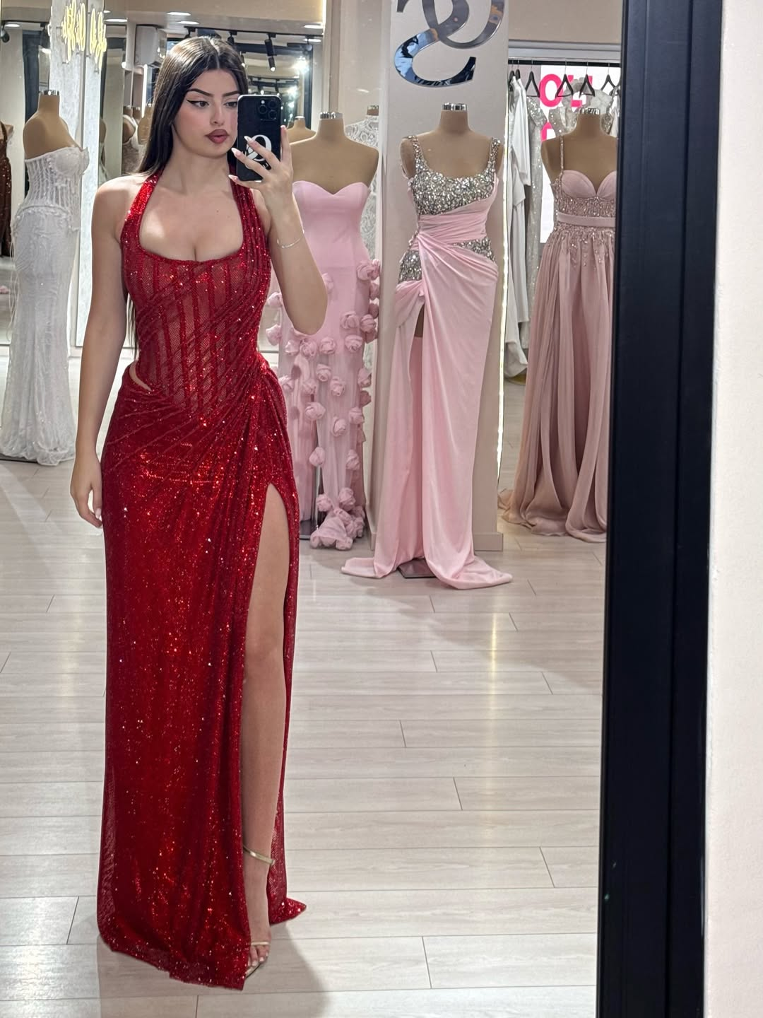 Sequins Halter Sleeveless Long Mermaid Formal Dress With Split