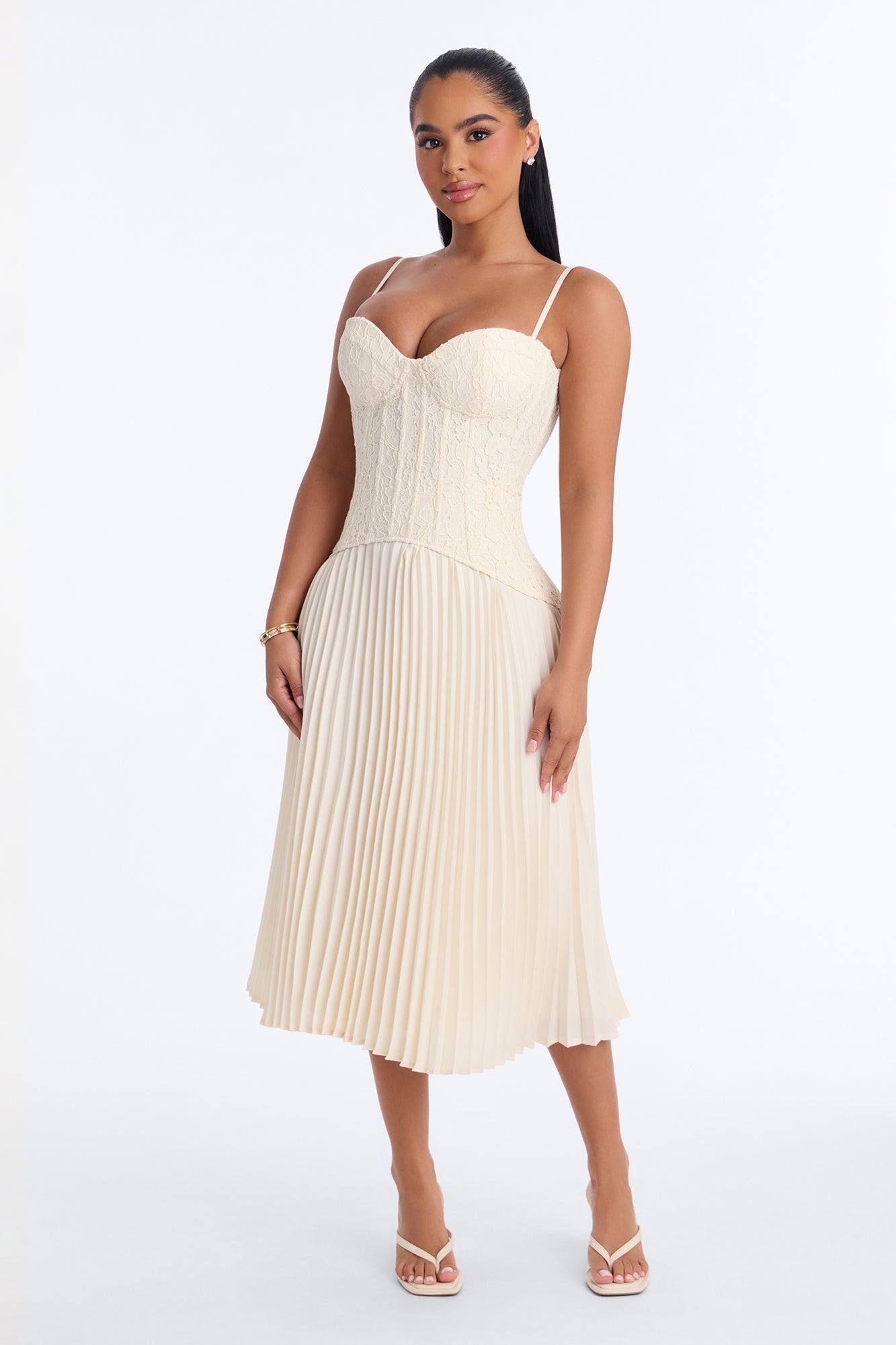 Daniella Lace Corset Pleated Midi Dress - Cream