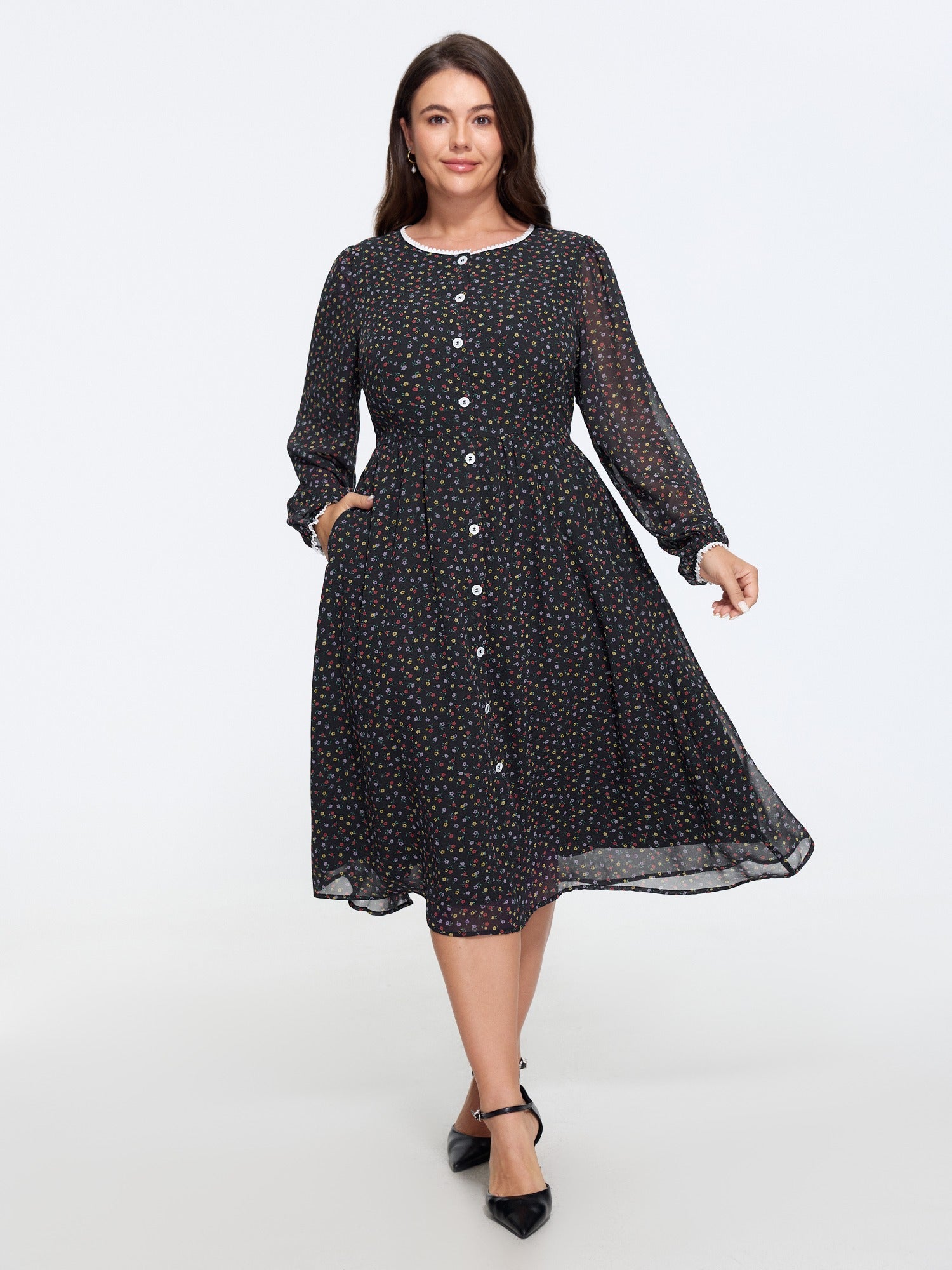 Ditsy Floral Long Sleeve Chiffon Midi Dress