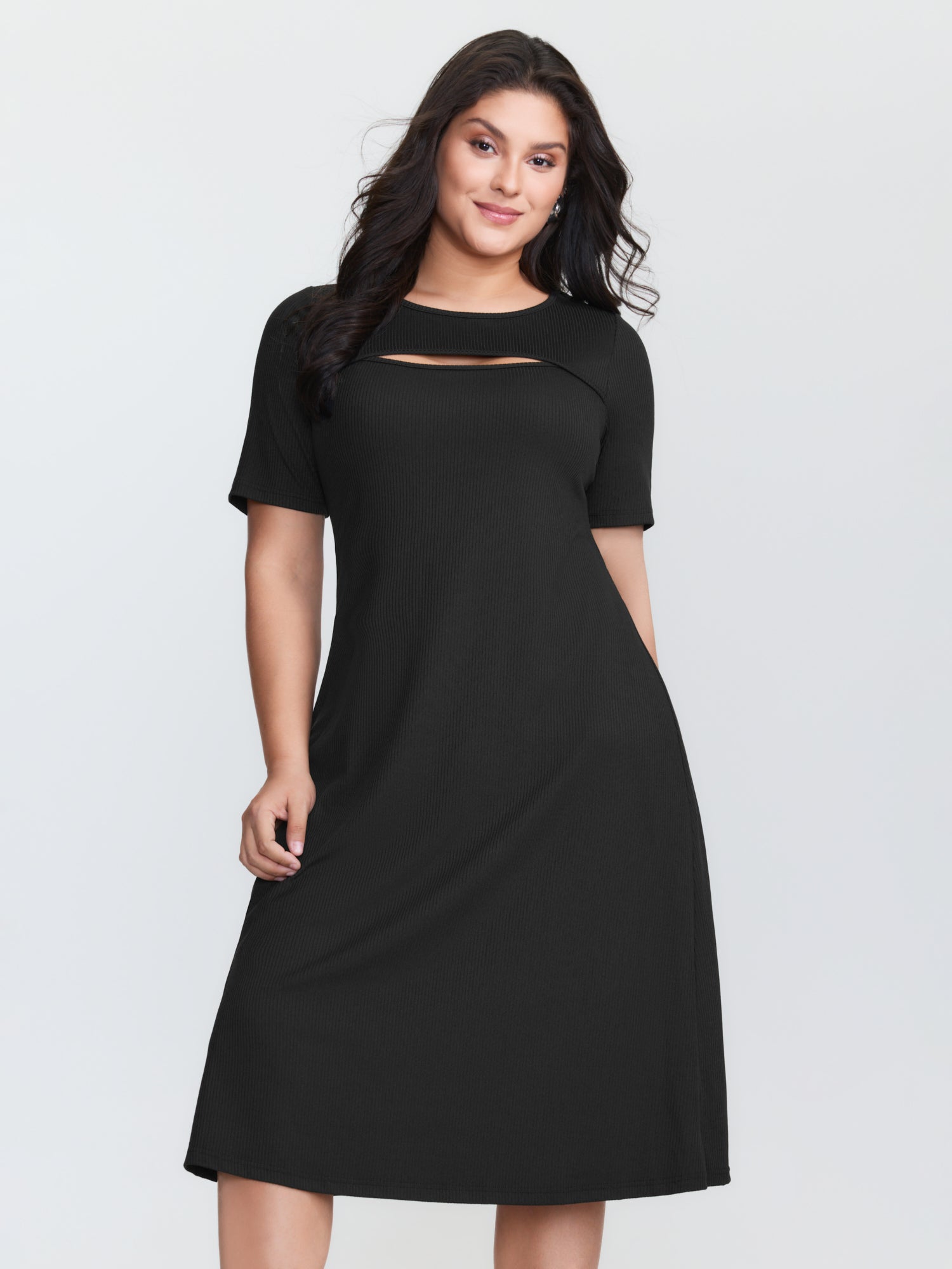 Ribbed Cut-Out Neckline Midi Dress