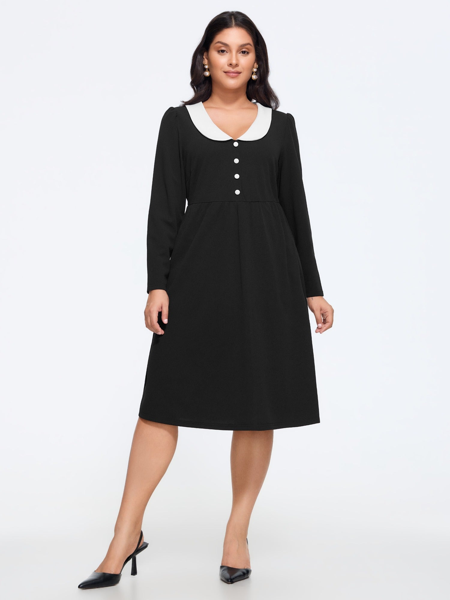 Peter Pan Collar Color Contrast Long Sleeve Midi Dress