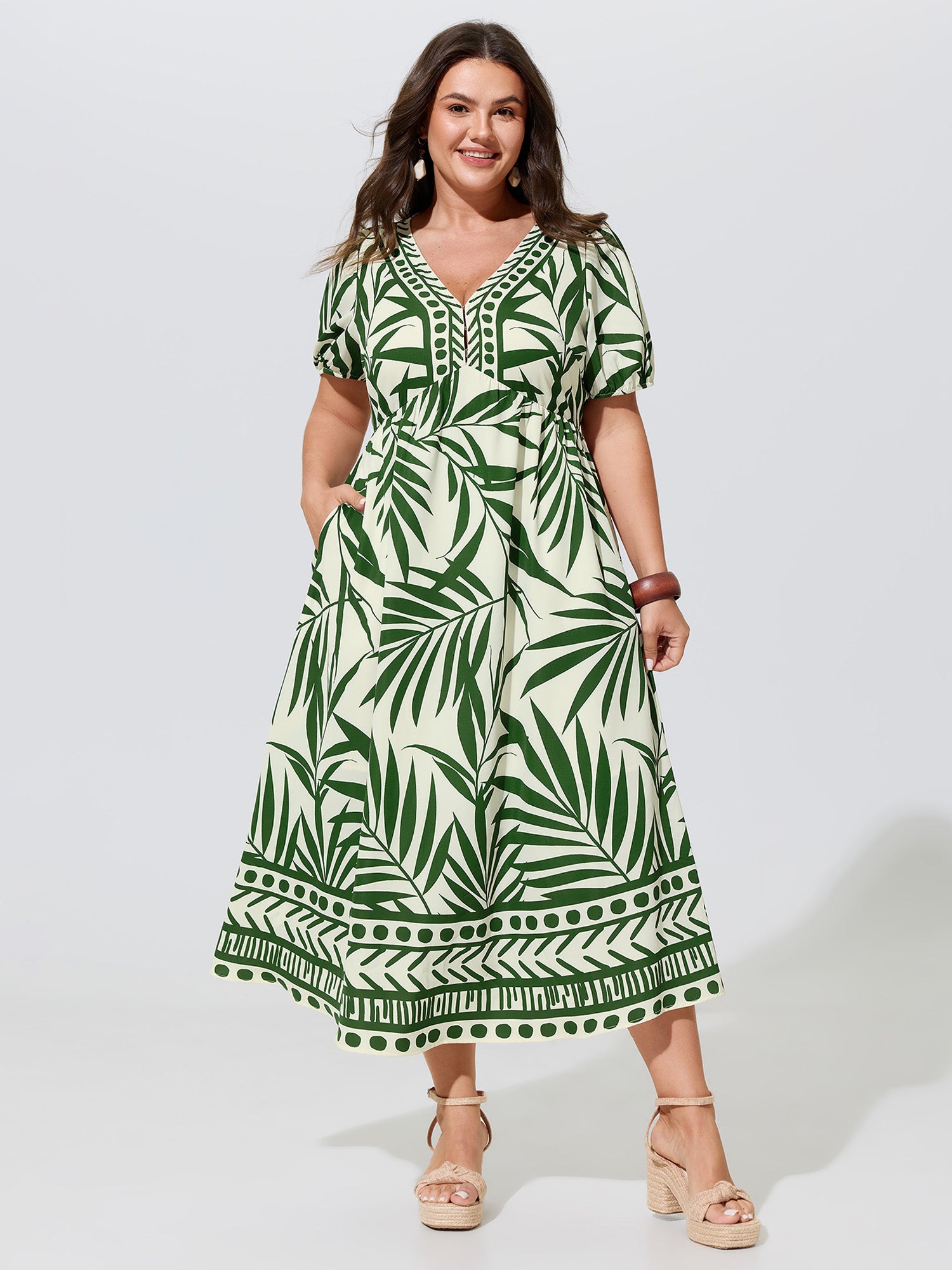 Tropical Palm Print V Neck Midi Dress