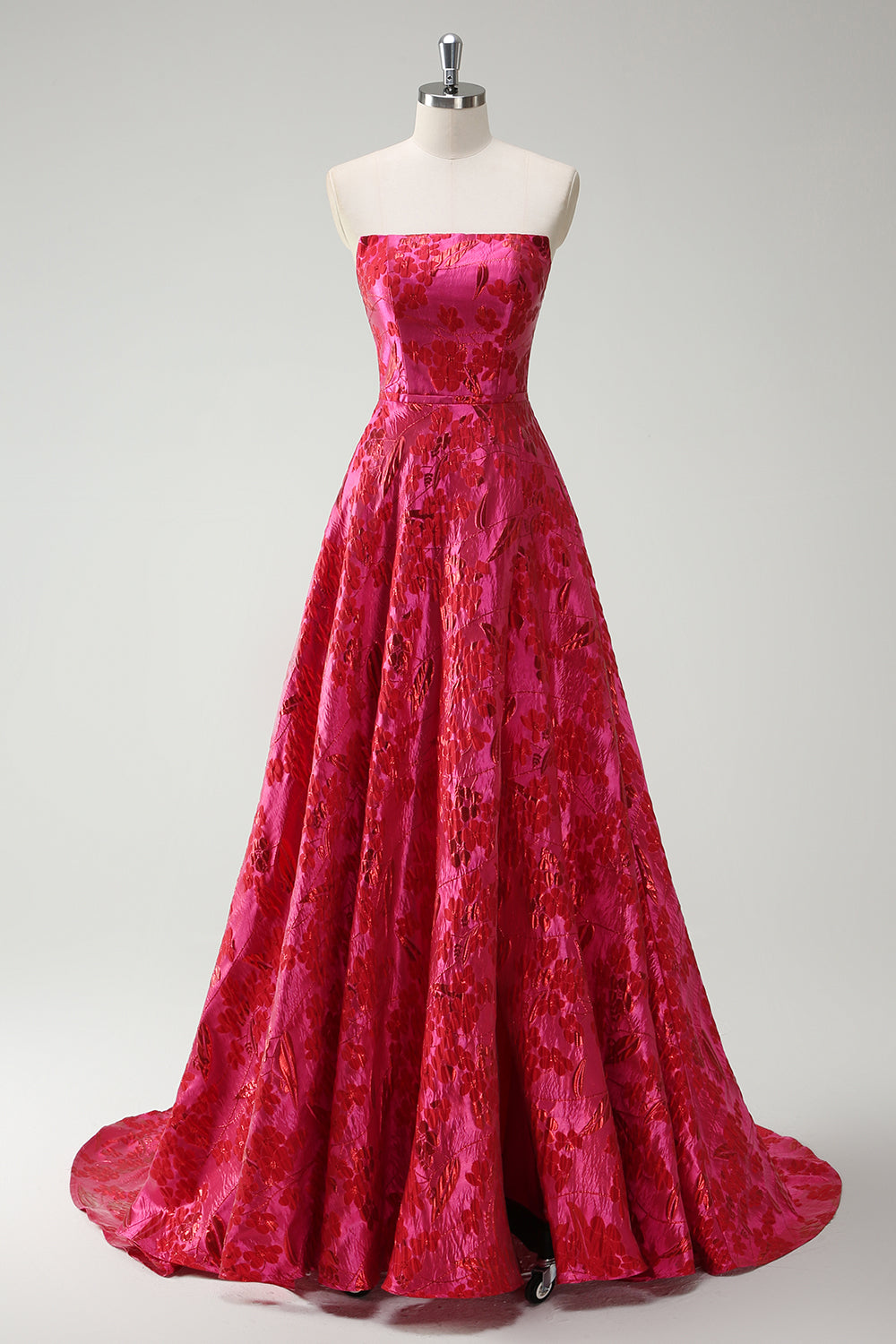 Long Strapless Princess Prom Dress in Floral Jacquard Fuchsia