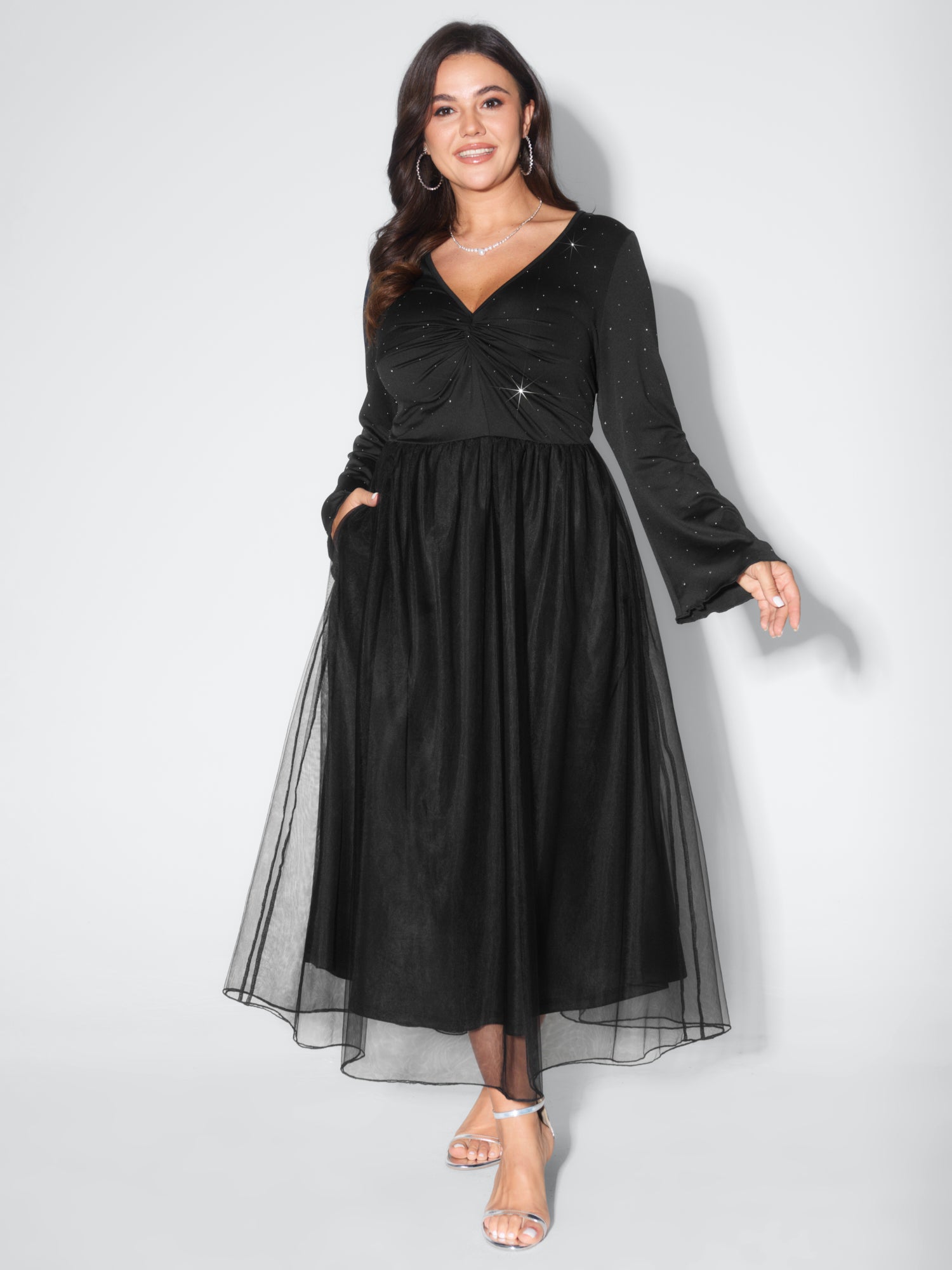 Sparkly Mesh Pockets Ruched Bodice Midi Dress