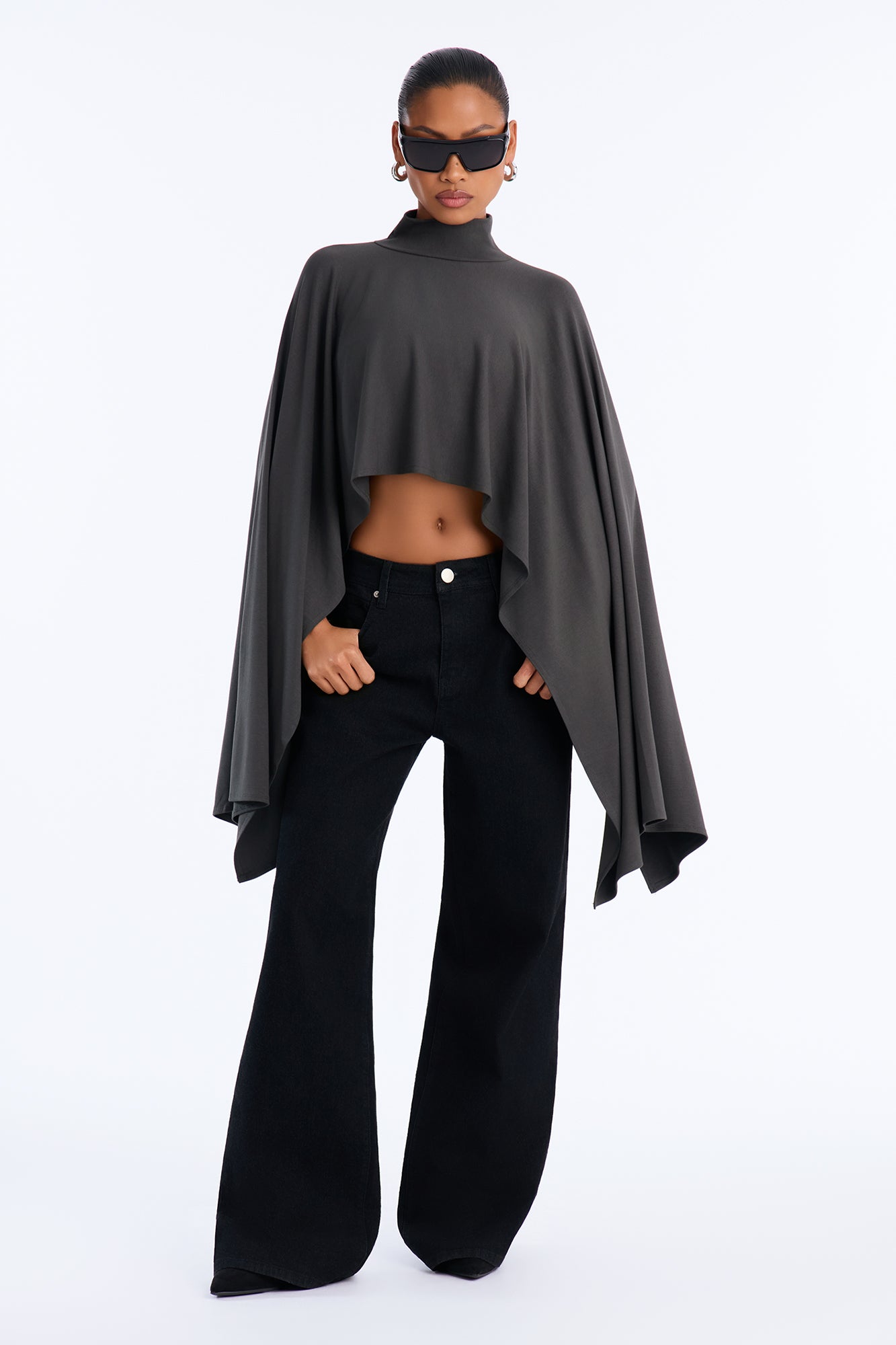 Aspen Nights Mock Neck Soft Poncho Top - Charcoal