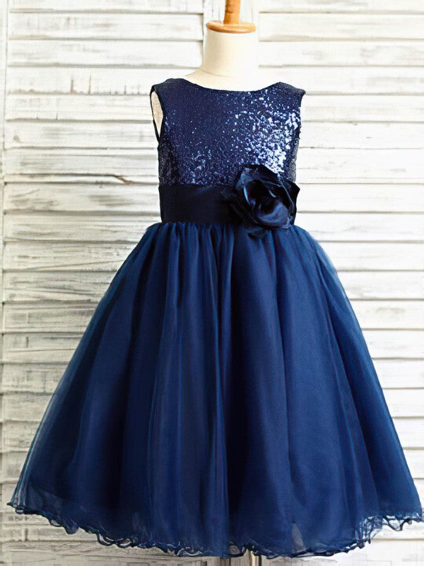 Luxurious Crew Sleeveless Ball Gown Tulle Sequined Ruffles Flower Girl Dresses