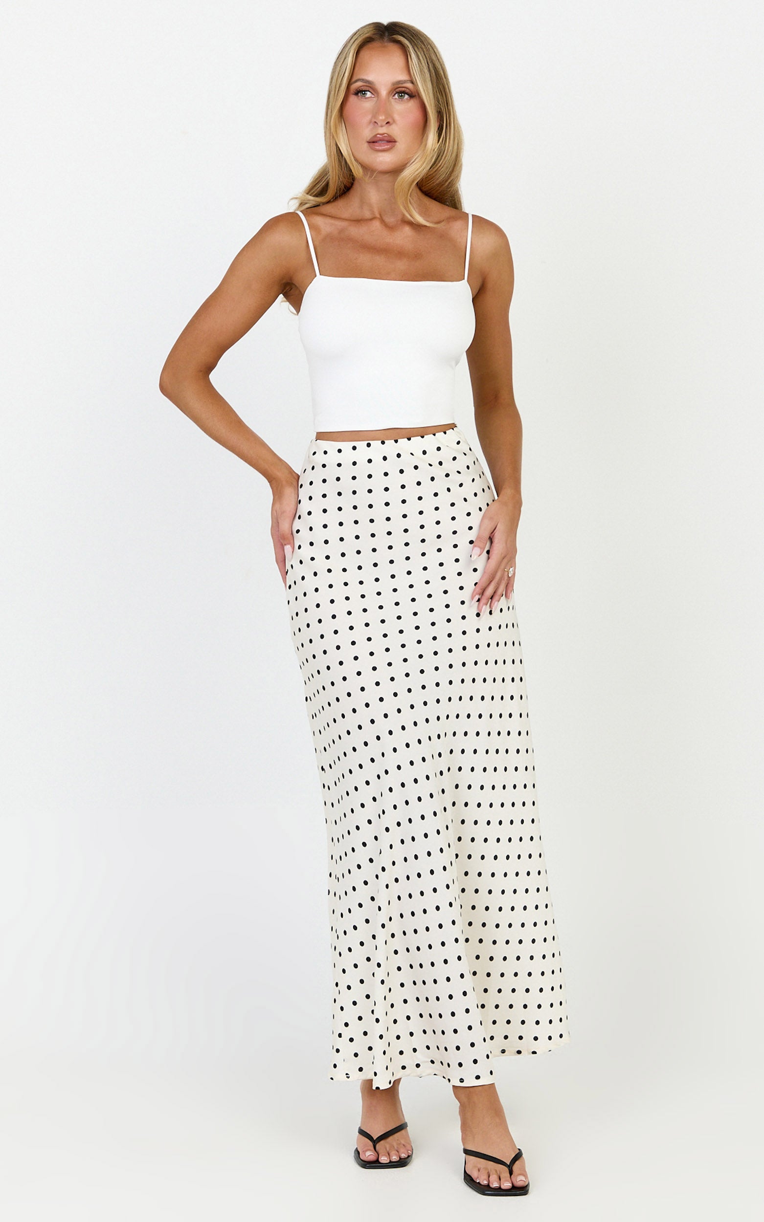 Amari Maxi Skirt - High Waisted Bias Cut Skirt in Cream and Black Polka