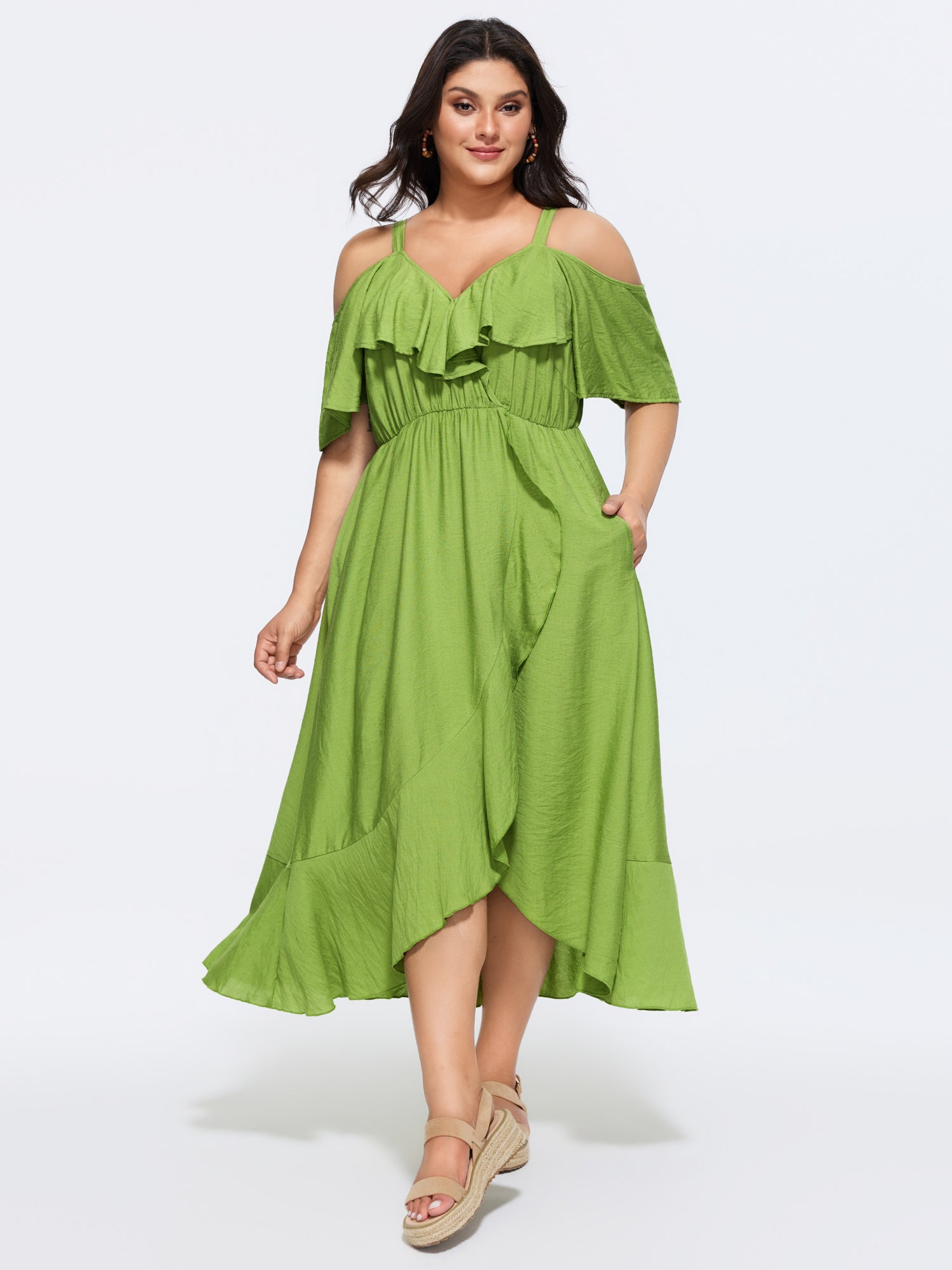 Plain Ruffle Cold Shoulder Pocket Midi Dress