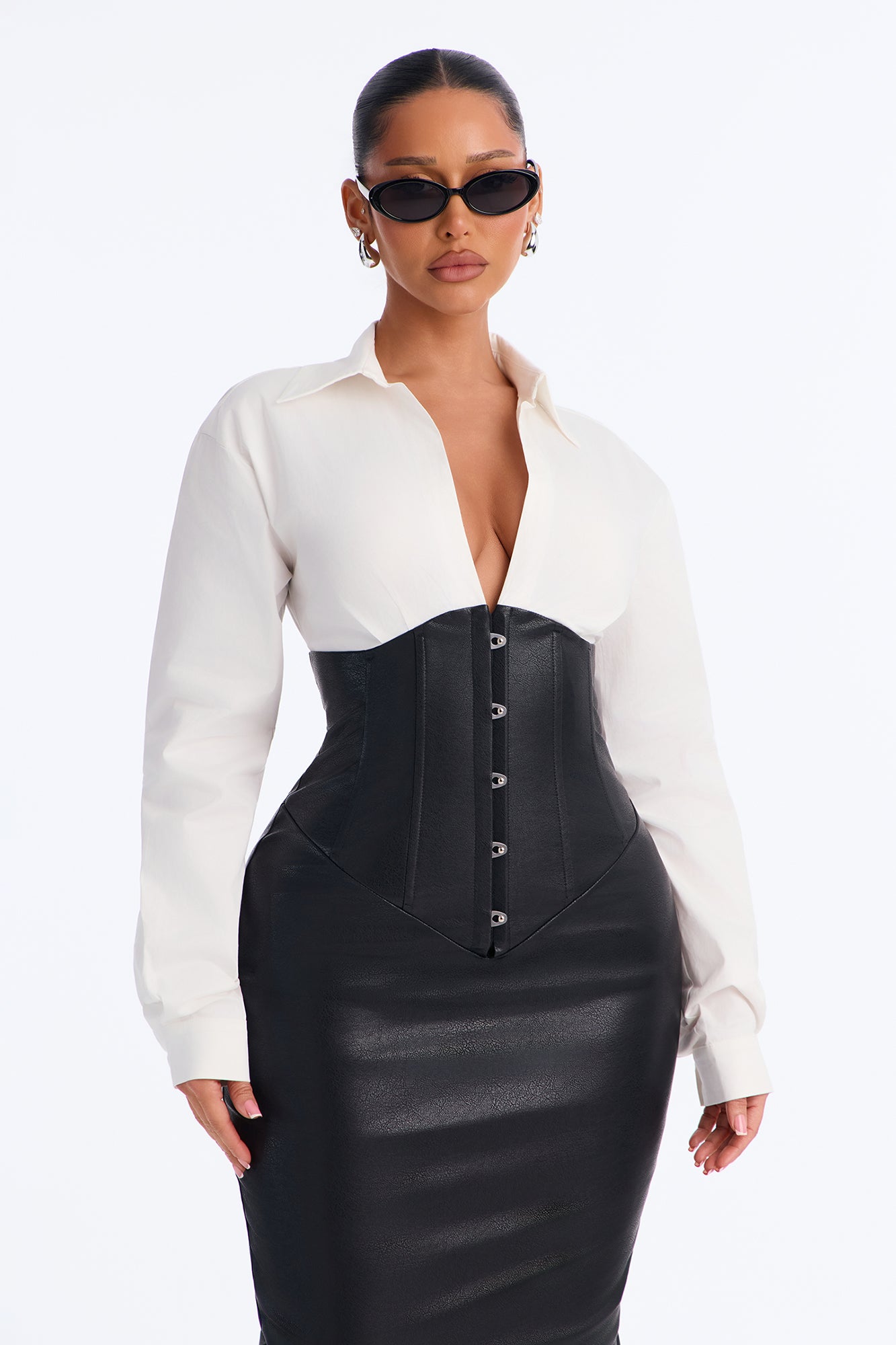 Victoria Corset Faux Leather Midi Dress - Black/White