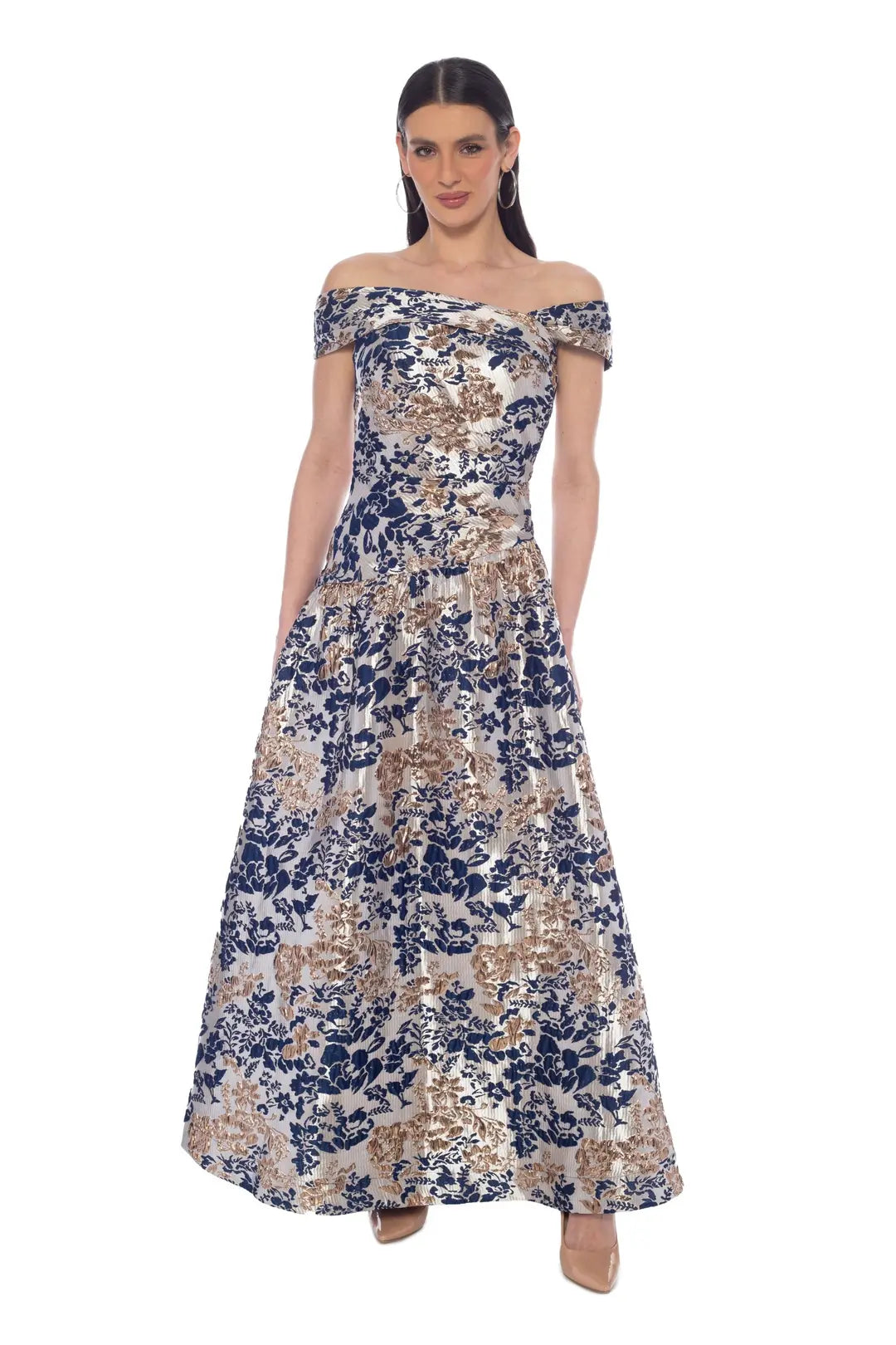 Off the Shoulder Poly Brocade Gown